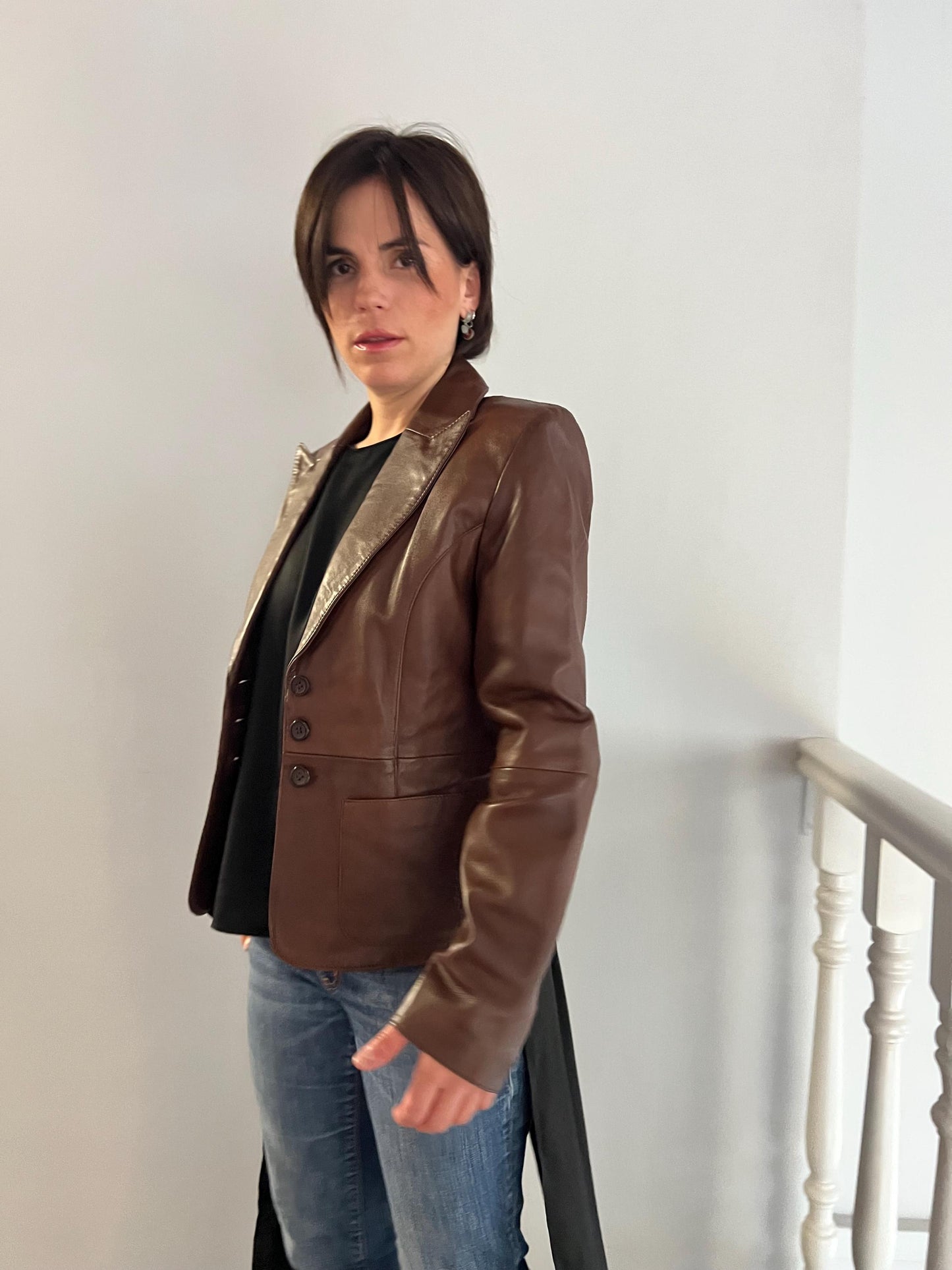 Handmade Nappa Lamb Leather Jacket in choco Brown - Fitted leather blazer with button closure.