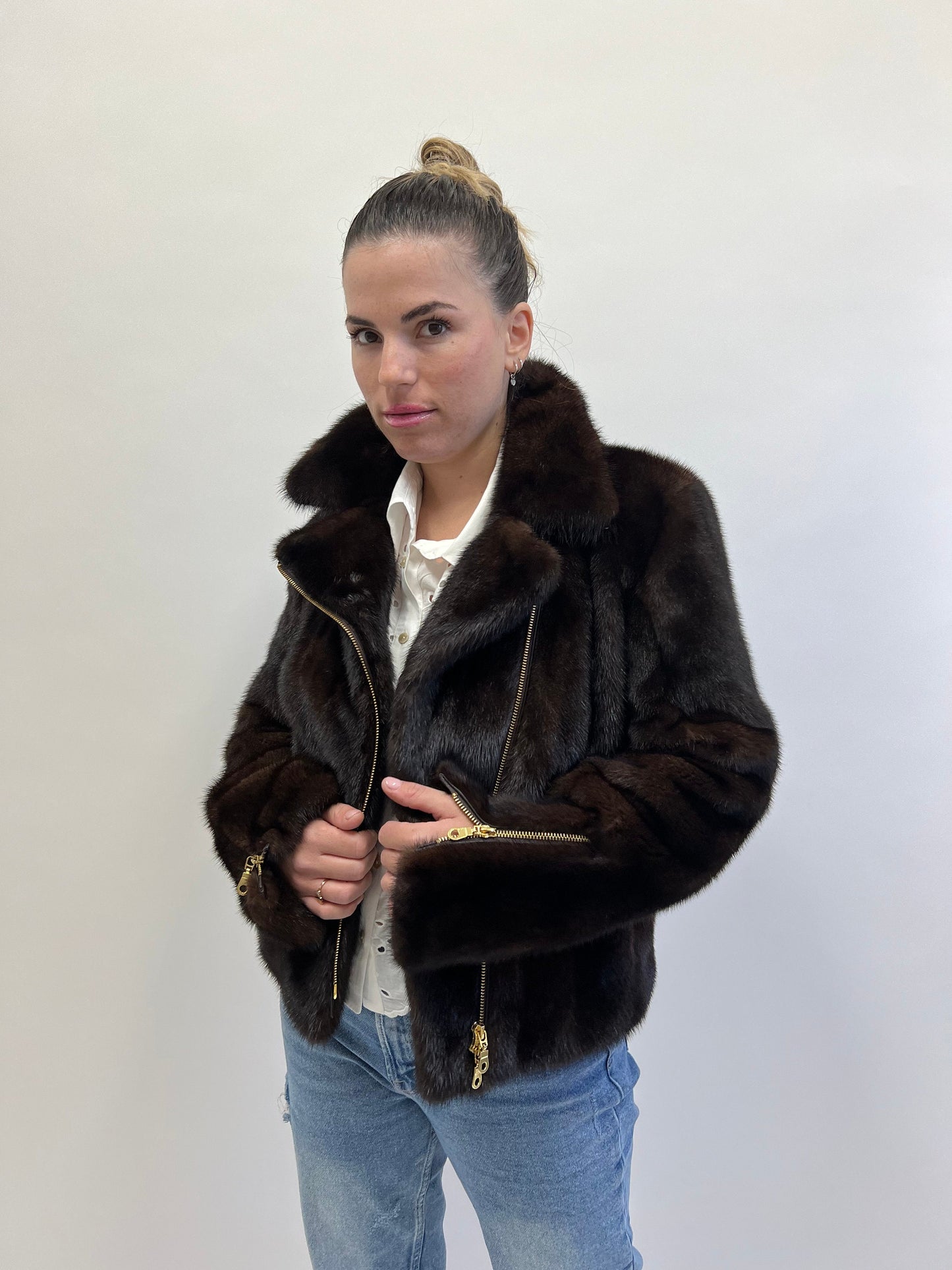 Dark Brown Mink Fur Biker Jacket: Lightweight Luxury with Gold Hardware