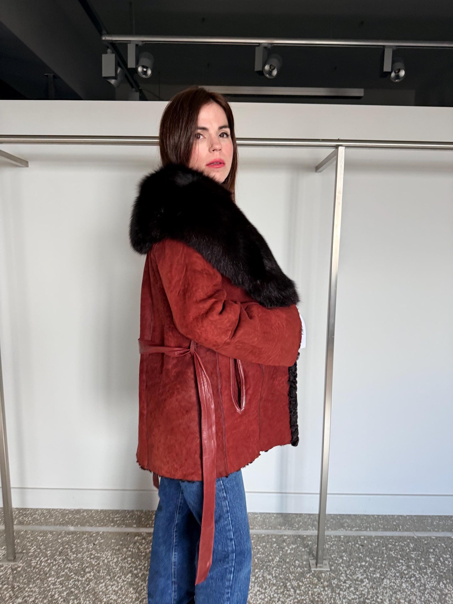 Reversible Shearling Suede Jacket with Fox Collar, Leather Belt, Made in Greece