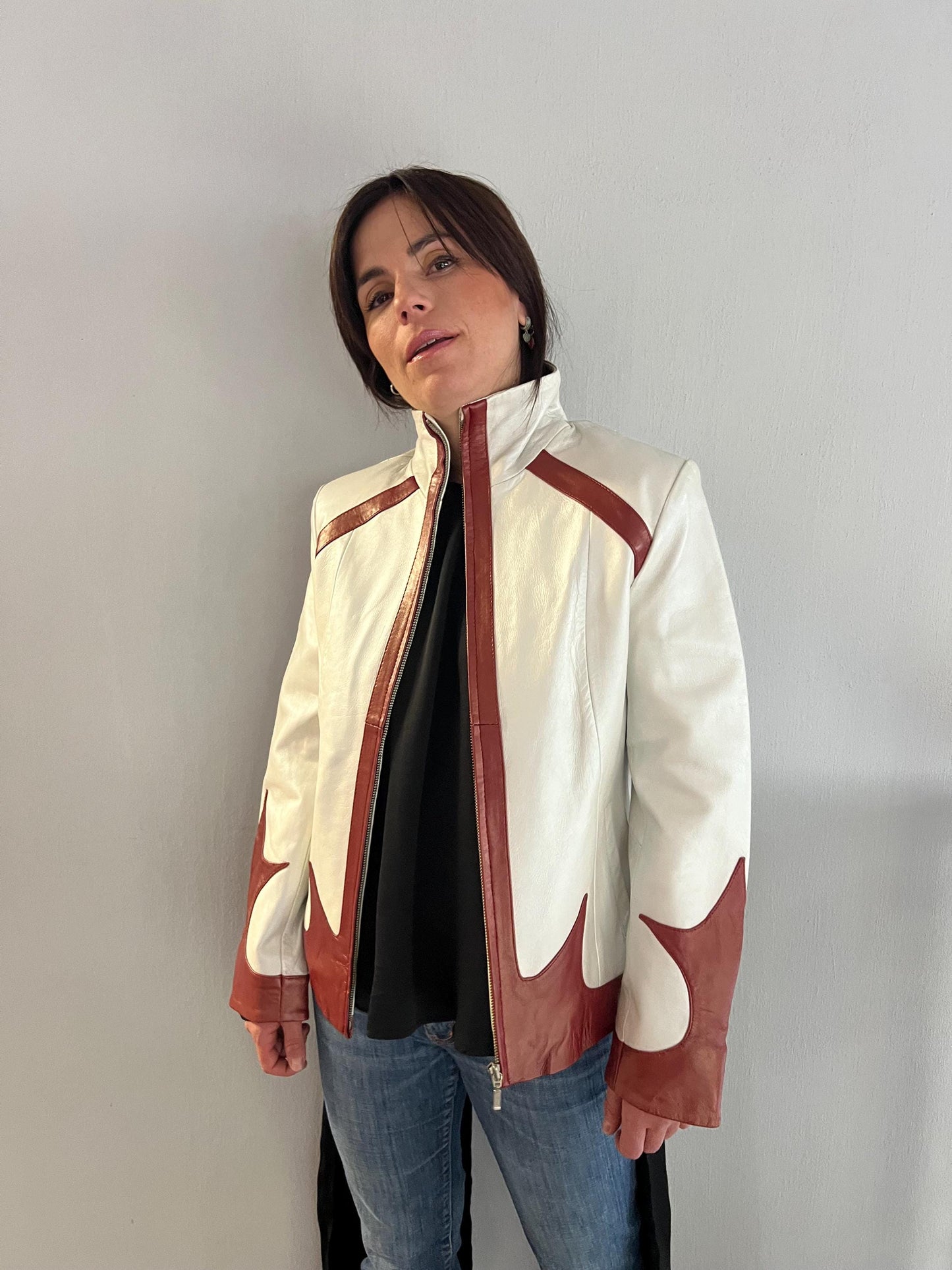 Handmade Lambskin Leather Jacket: Cream White Nappa with Bordeaux Details (XS)