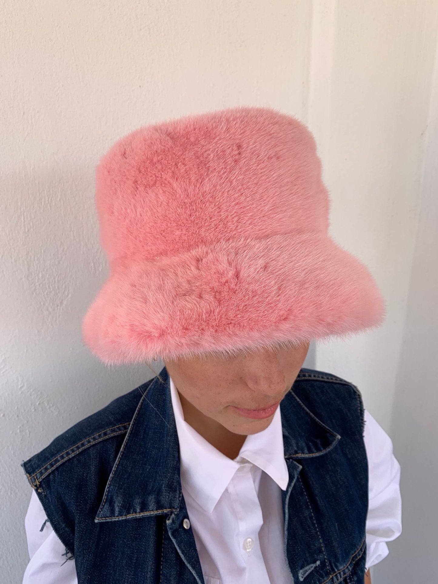 Pink Mink Fur Bucket Hat: Handmade Padded Winter Warmer
