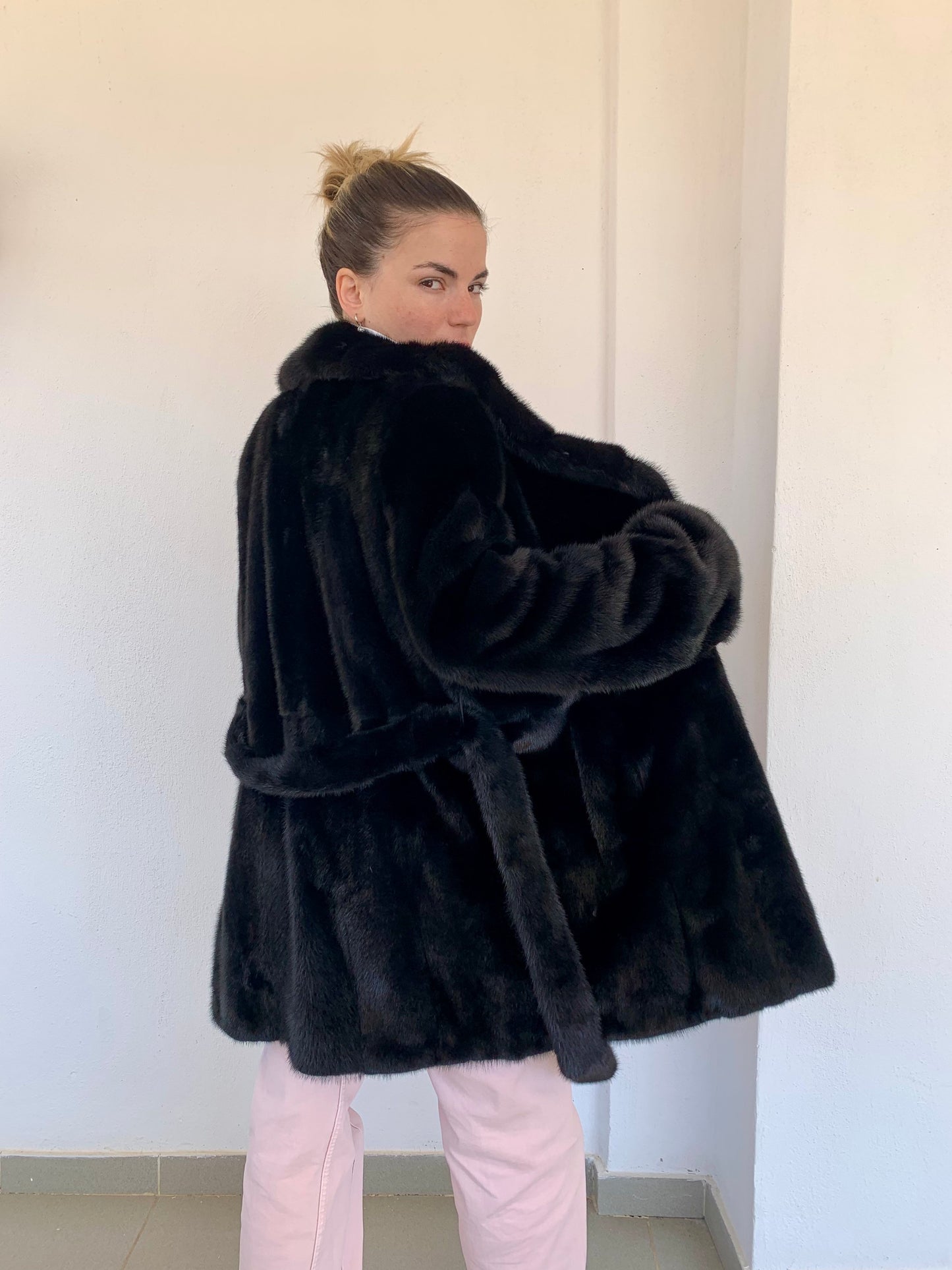 Real Mink Fur Jacket: Black Supple Skin Coat with Belt