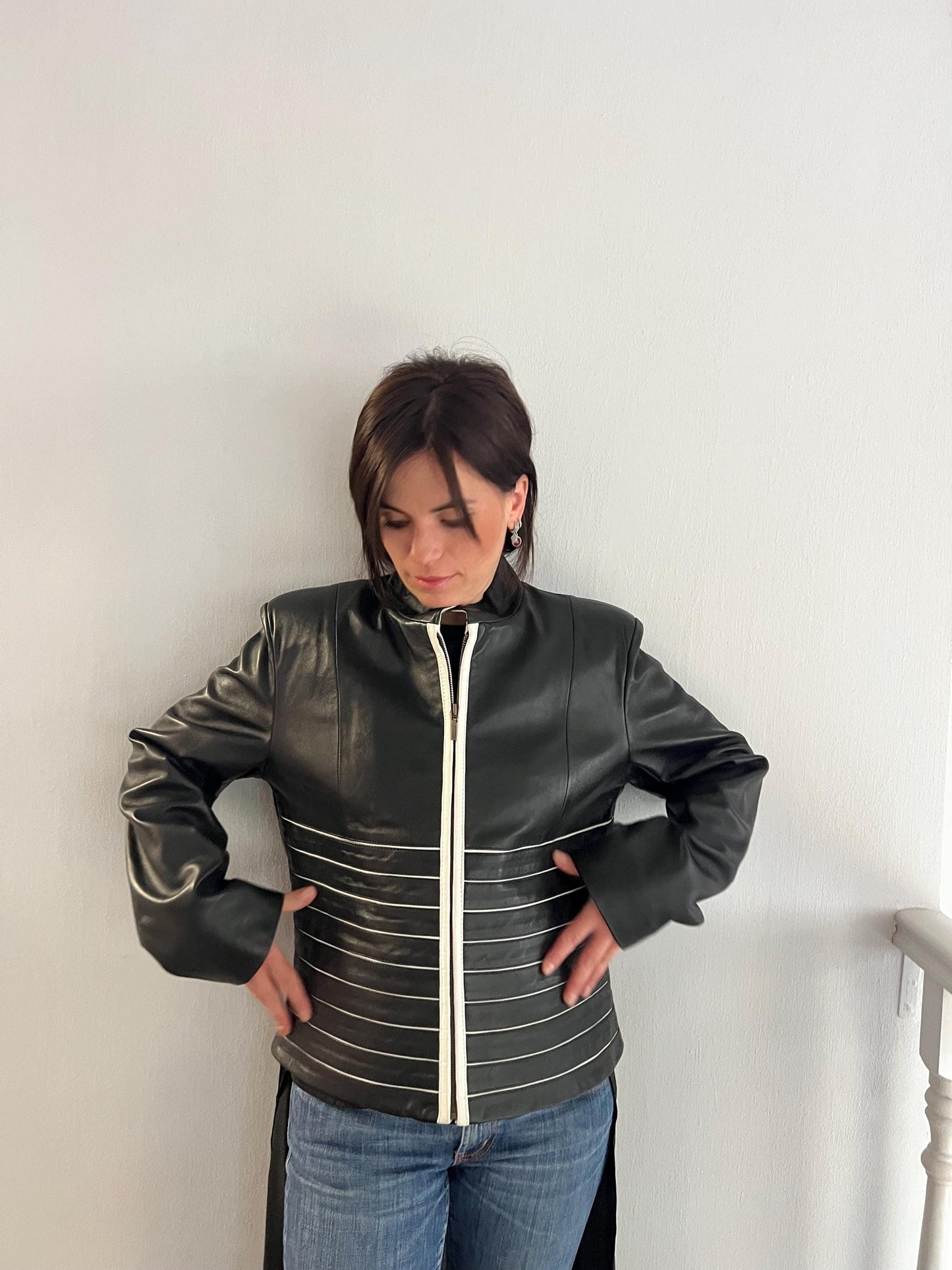 Handmade Black and White Lambskin buttery zipped up Leather Jacket - Medium