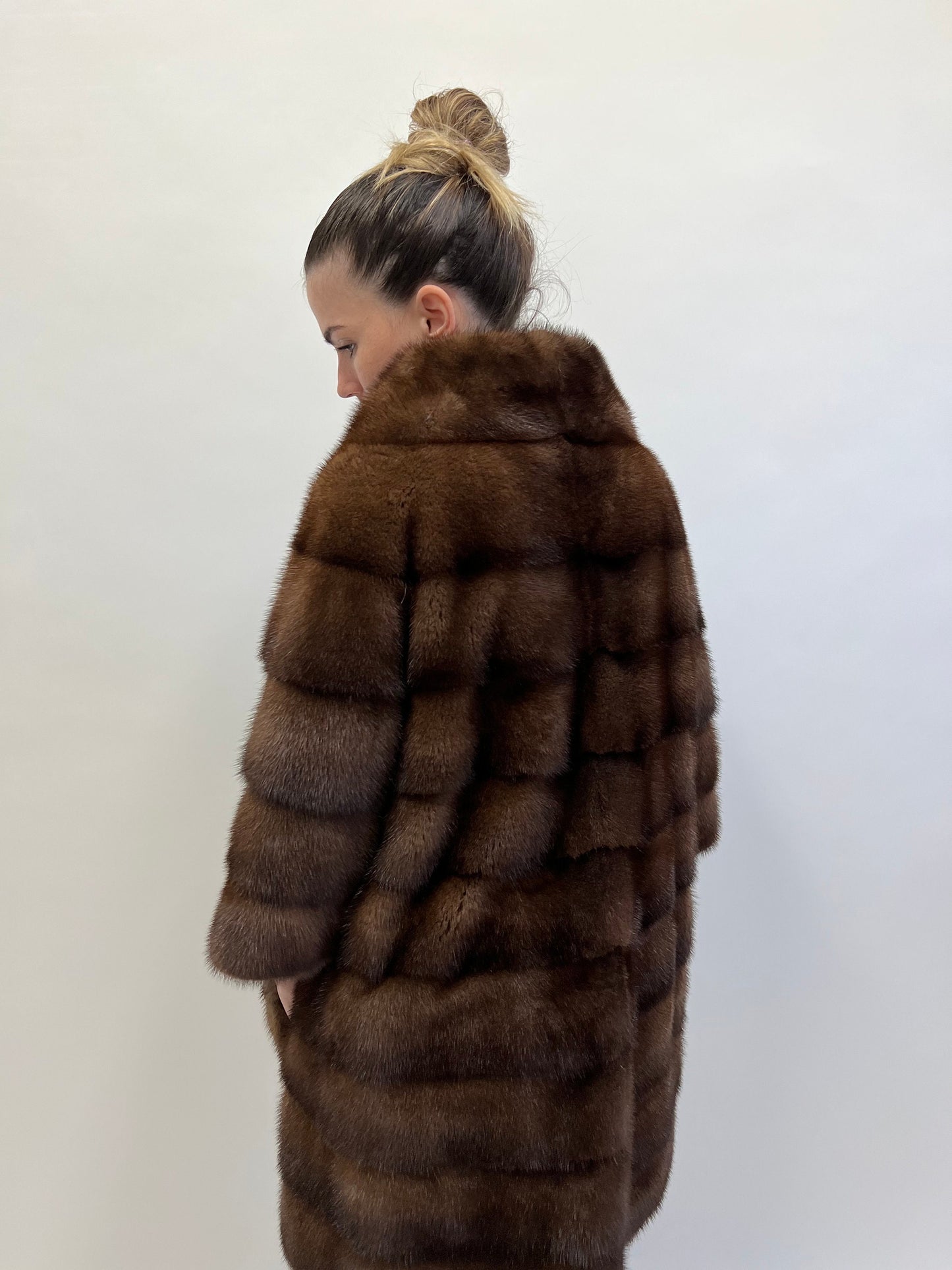 Brown Mink Fur Coat: Horizontal Design, Luxury Jacket