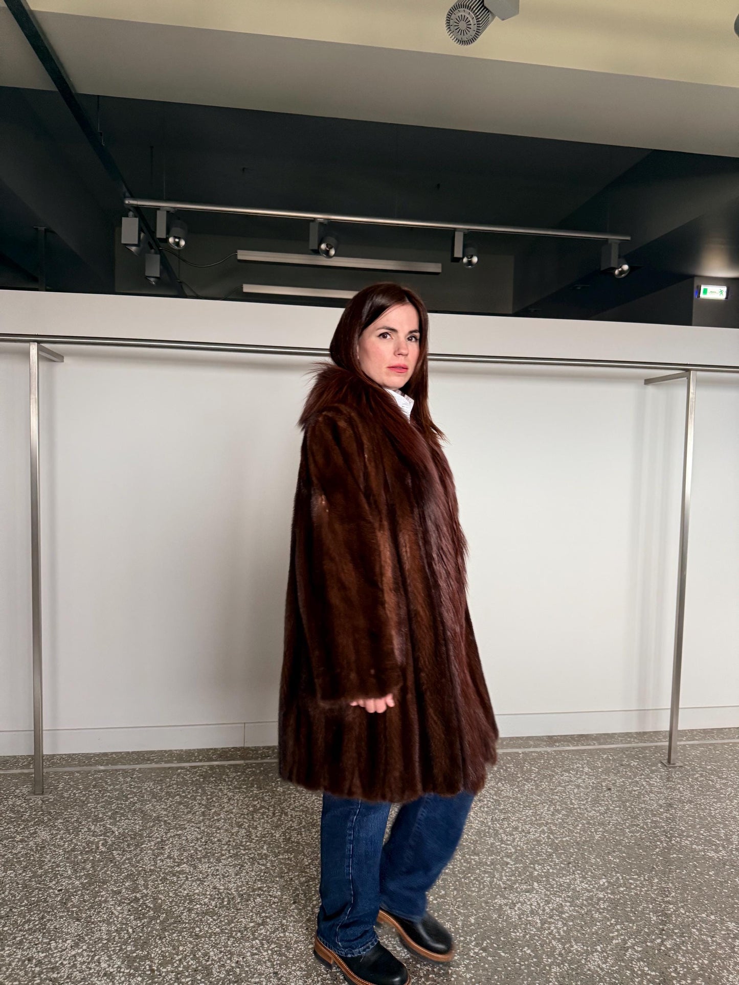 Oversized Demi Buff Mink Fur Coat with Fox Trim: Pastel Whisky Stroller, Handmade Greece