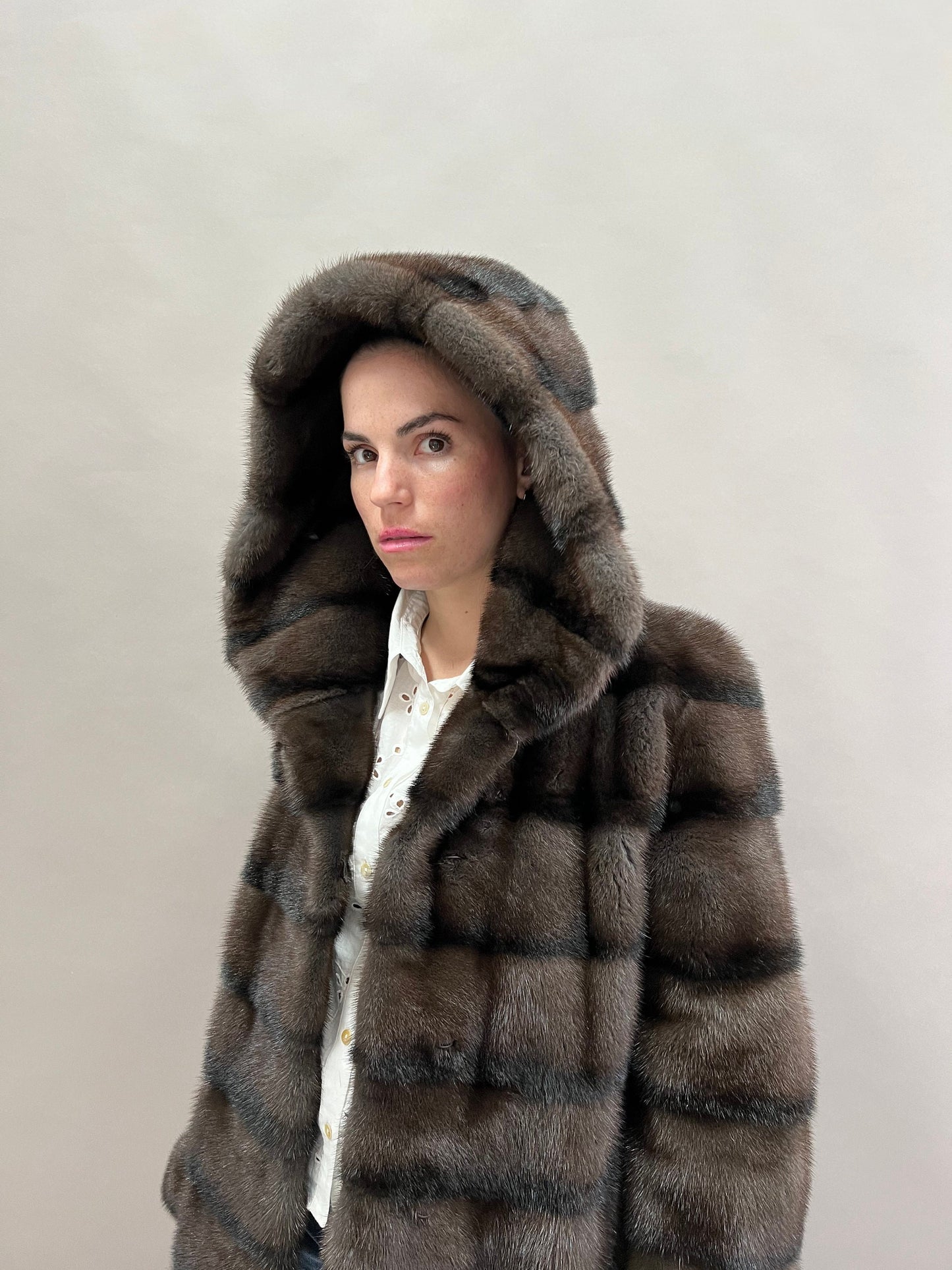 Aurora Brown Mink Fur Hooded Coat: Handmade Luxury Jacket