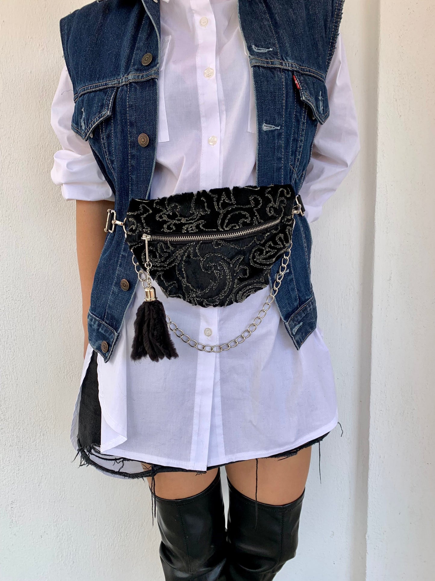 Mink Fur Bumbag with Chain & Tassel: Embroidered Rabbit Fur Fanny Pack