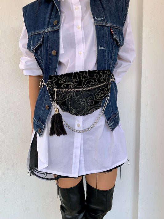 Mink Fur Bumbag with Chain & Tassel: Embroidered Rabbit Fur Fanny Pack