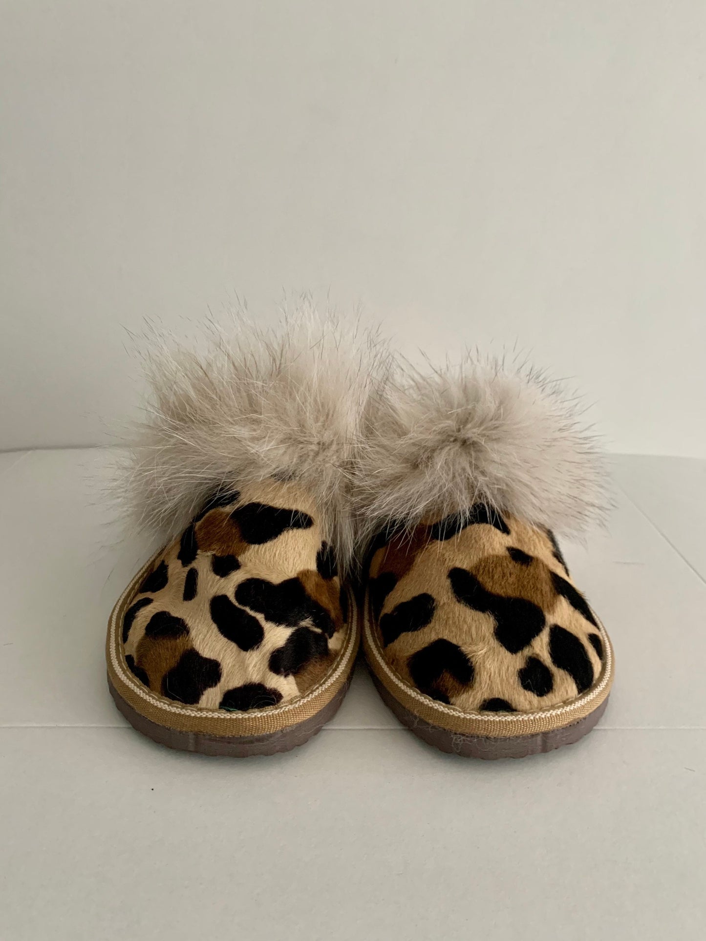 Genuine shearling slippers for women cowhide fur print with fox fur trim,  with foam sole fur slippers. Lightweight mouton fur.