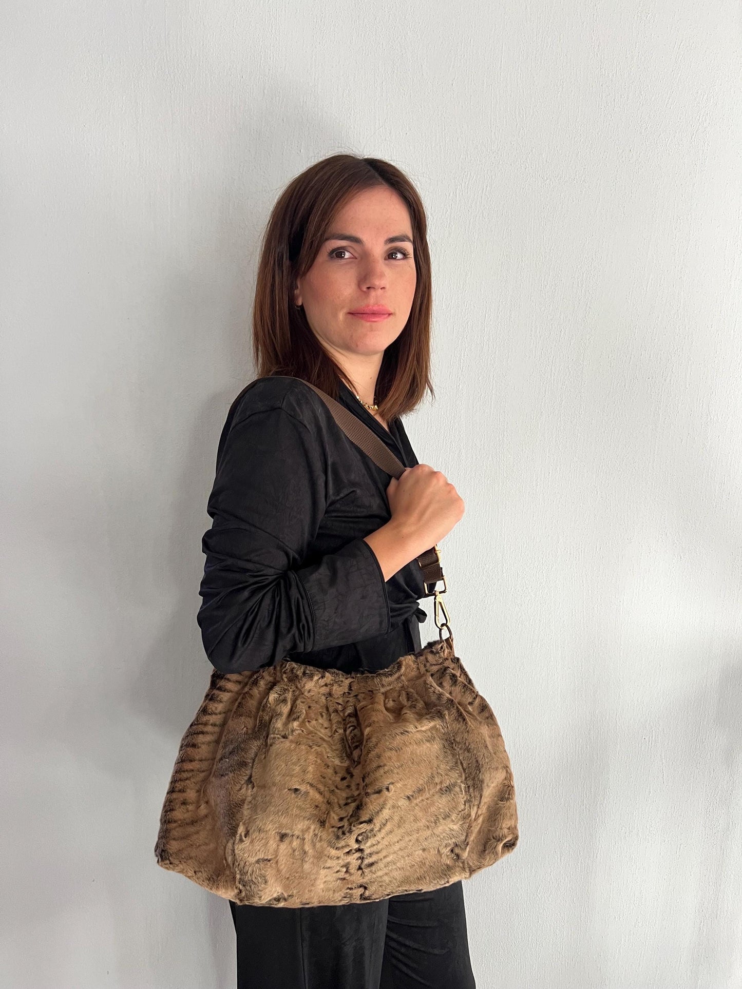 Rusty brown lamb fur Slouch Bag: Swakara Handmade brown Strap Crossbody with lining.