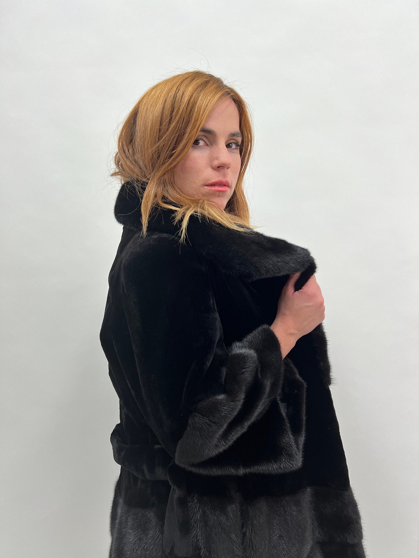 Black Sheared Mink Fur Coat with Belt & Big Collar