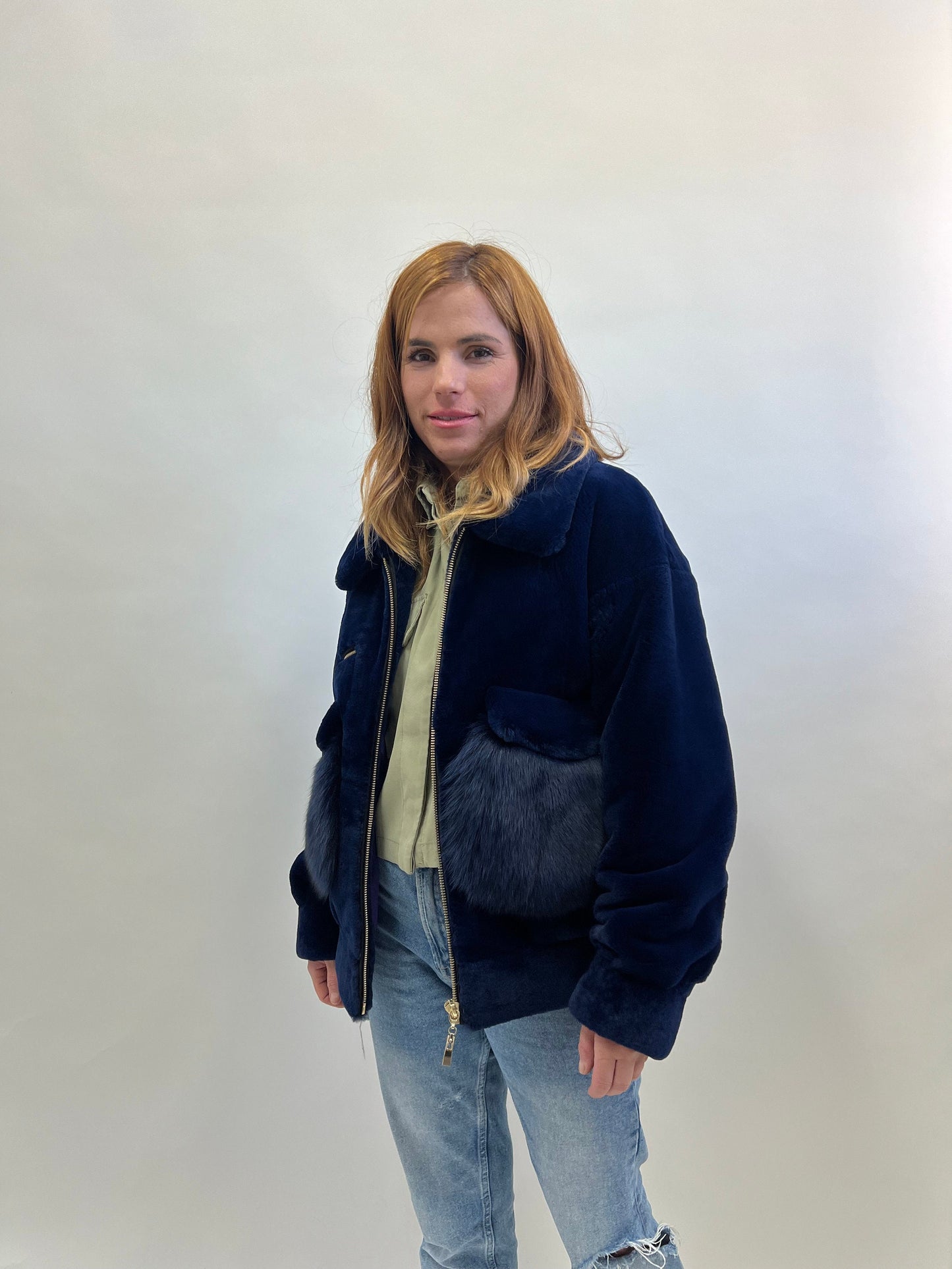 Sheared Rabbit Fur Bomber Jacket with Fox Details