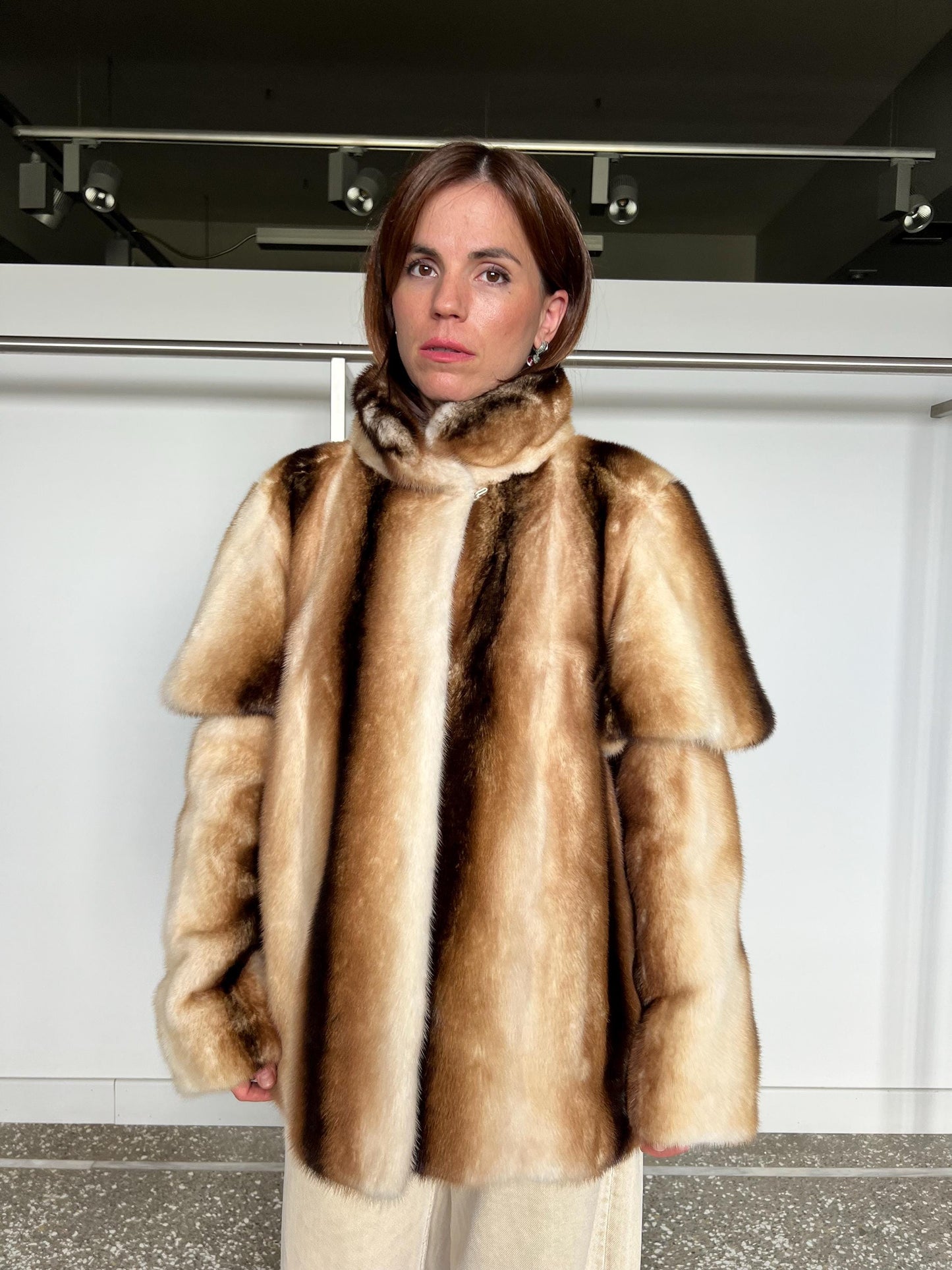 Handmade Beige Mink Fur Jacket with Removable Sleeves