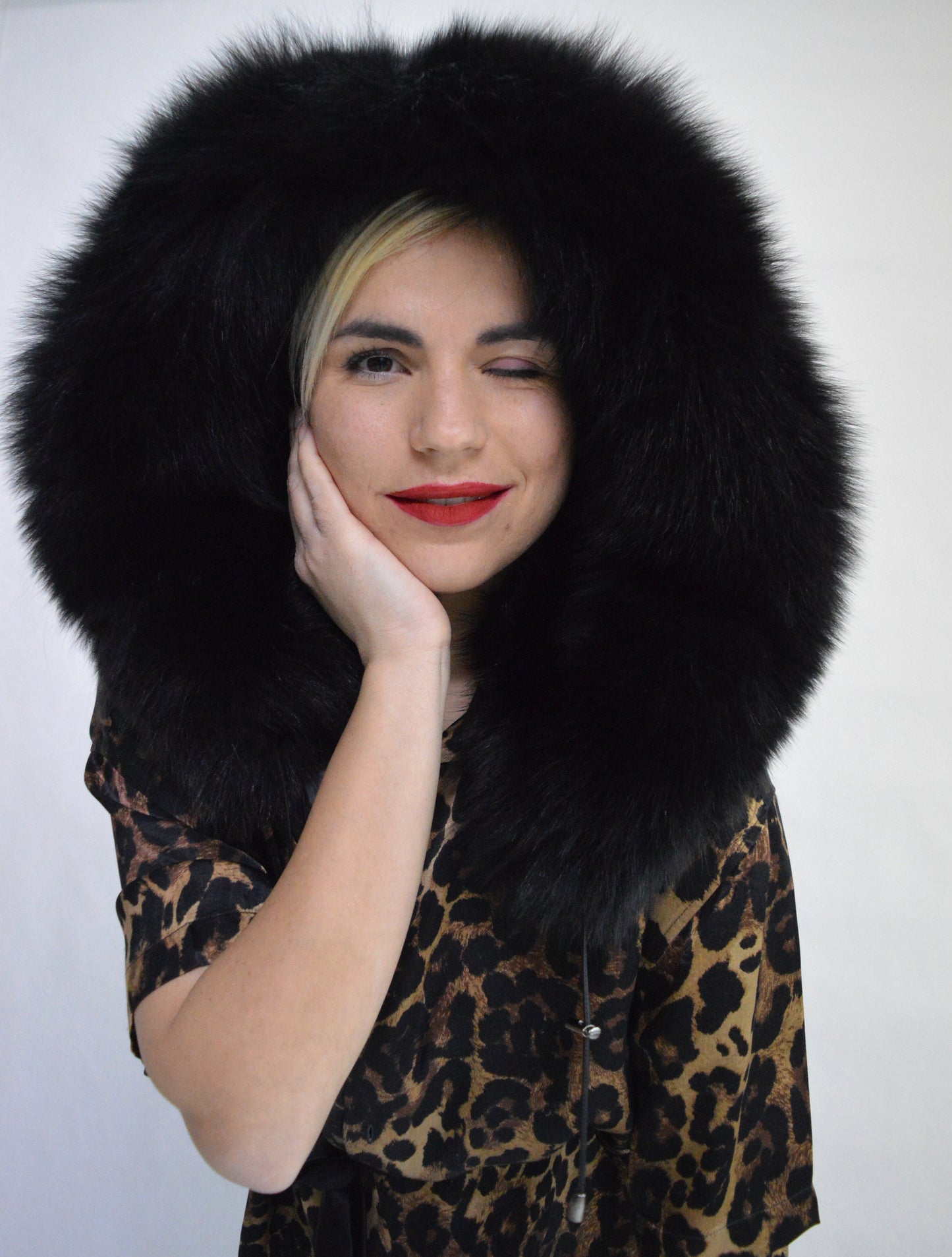 Black Fox Fur Hood: Fluffy Winter Hood with Drawstring