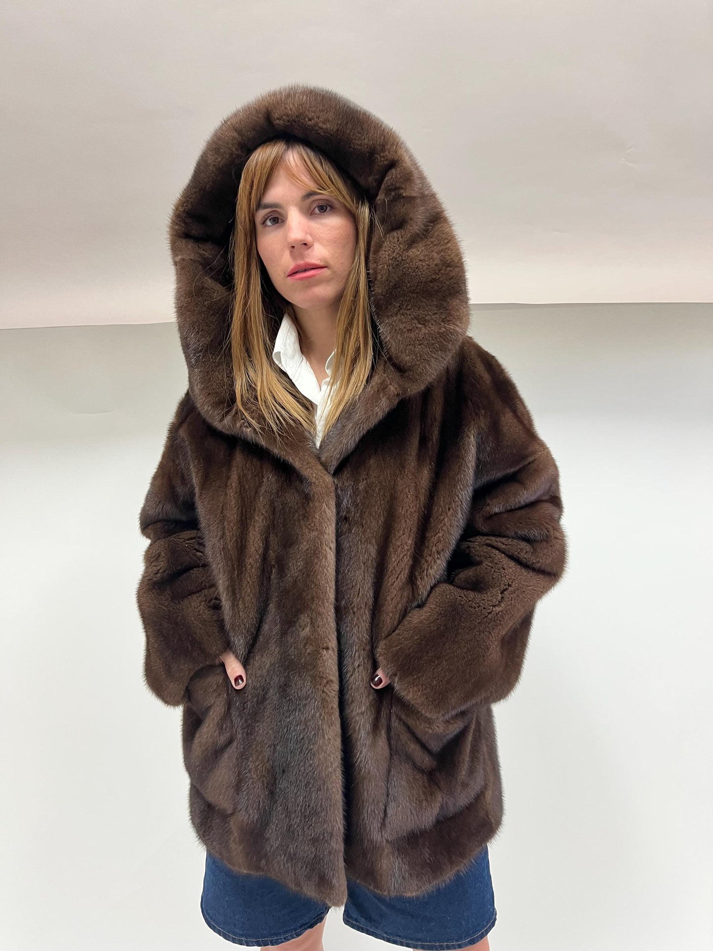 Real Brown Mink Hooded Jacket - Saga Demi Buff Fur