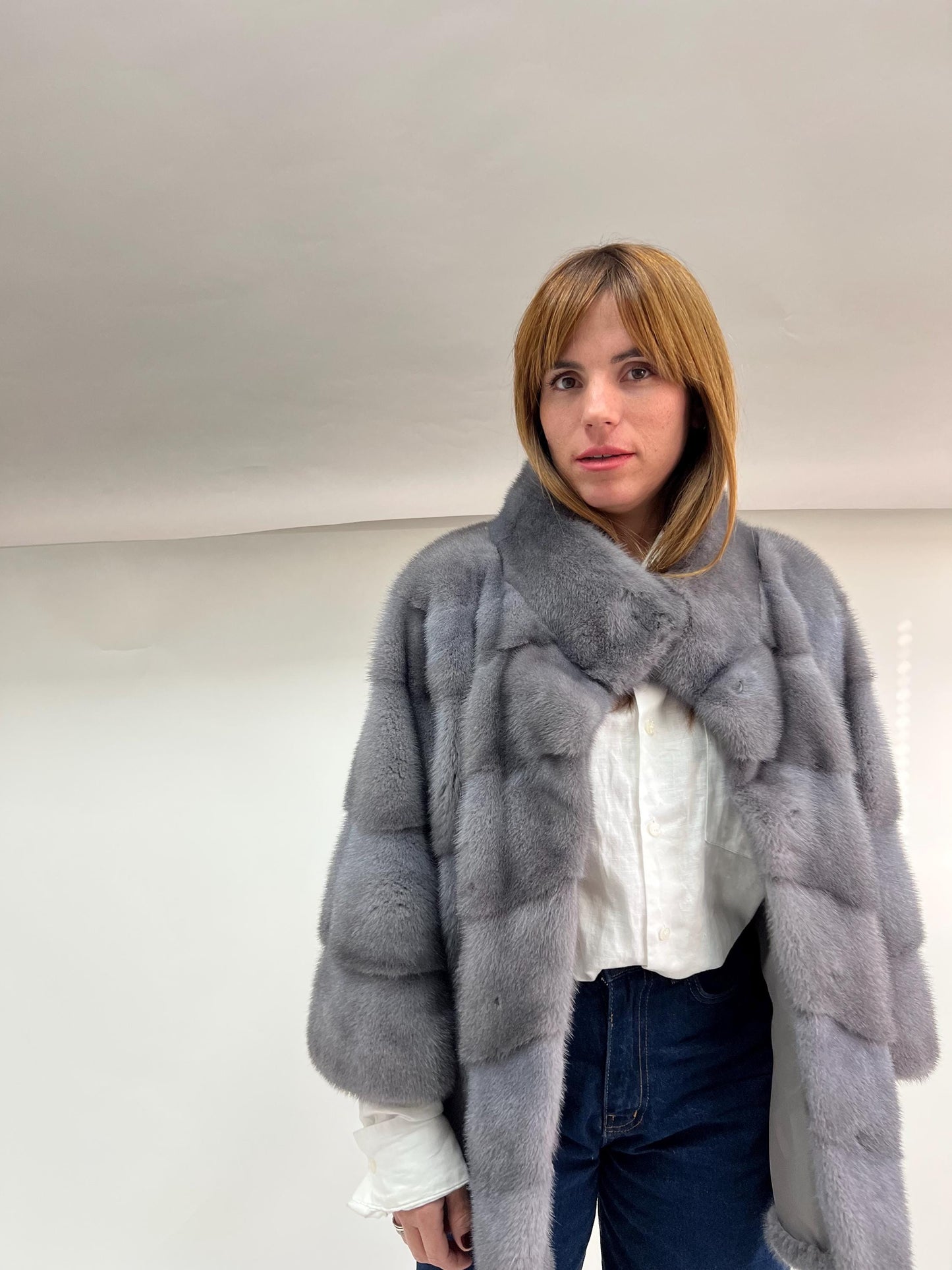 Real Silver Grey Mink Fur Coat - Saga Pelt, High Collar