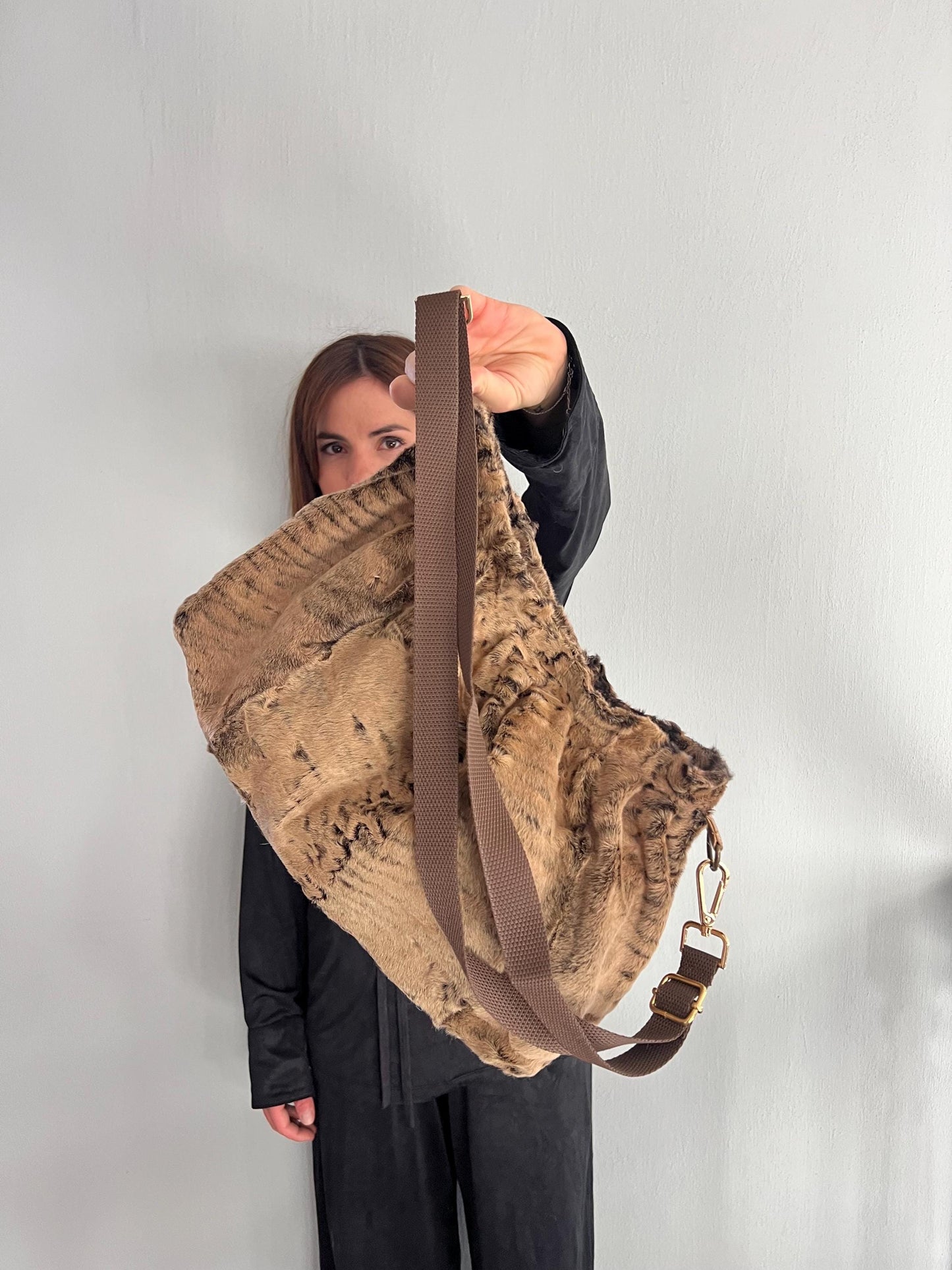 Rusty brown lamb fur Slouch Bag: Swakara Handmade brown Strap Crossbody with lining.