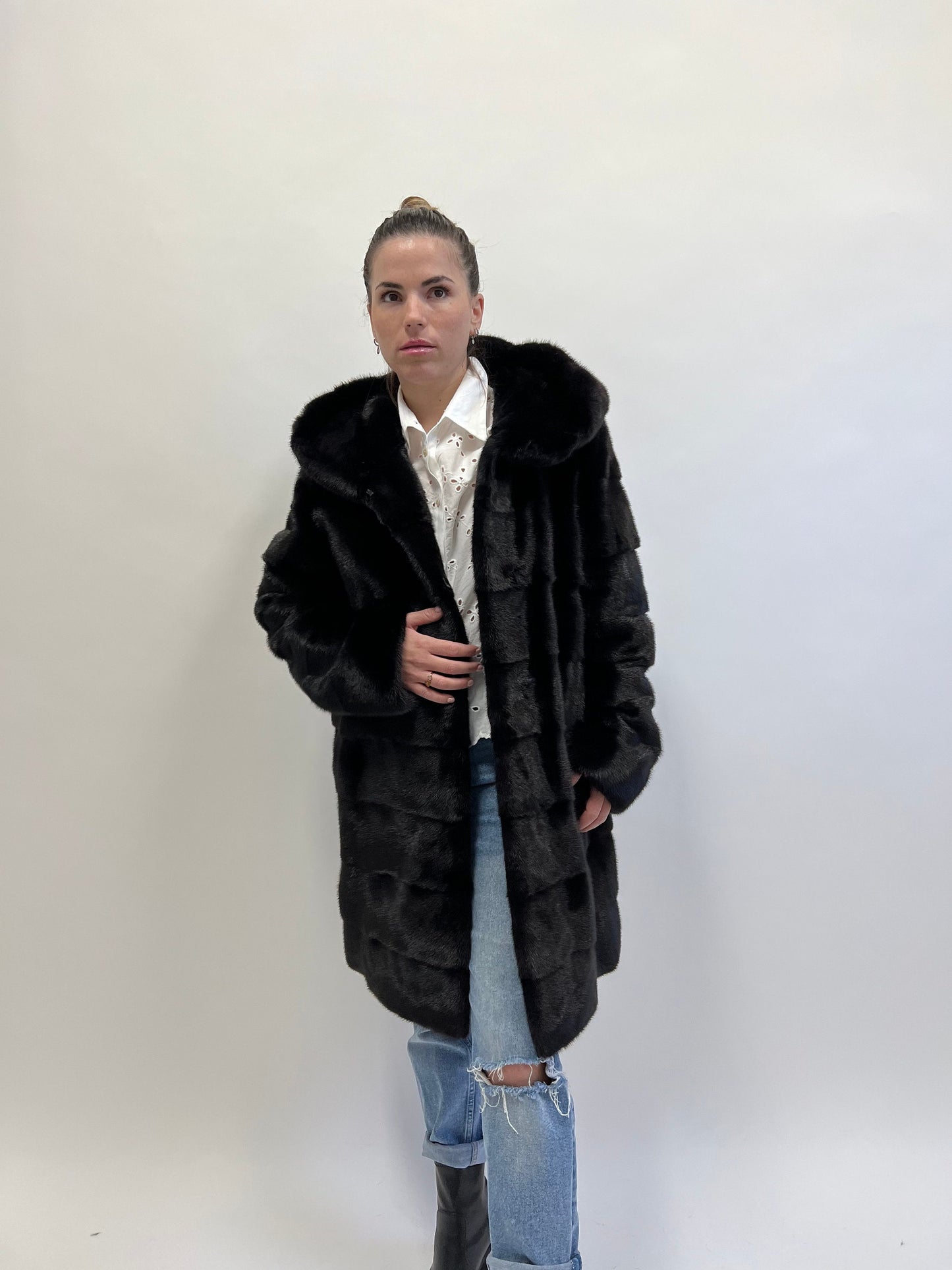 Real Mink Fur Hooded Coat: Black Full Skin Jacket