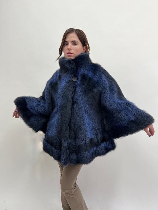 Blue Raccoon Fur Cape with Collar: Navy & Black Luxury Fur Gift