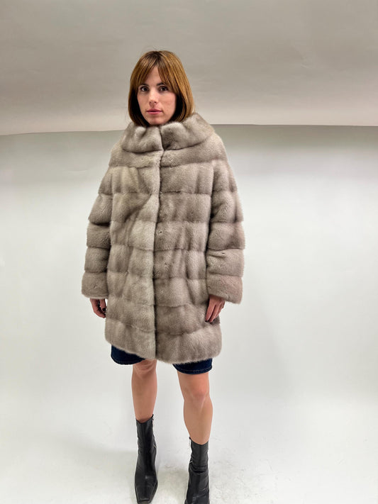Real Silver Mink Fur Stroller Coat, High Collar - Size Small/Medium