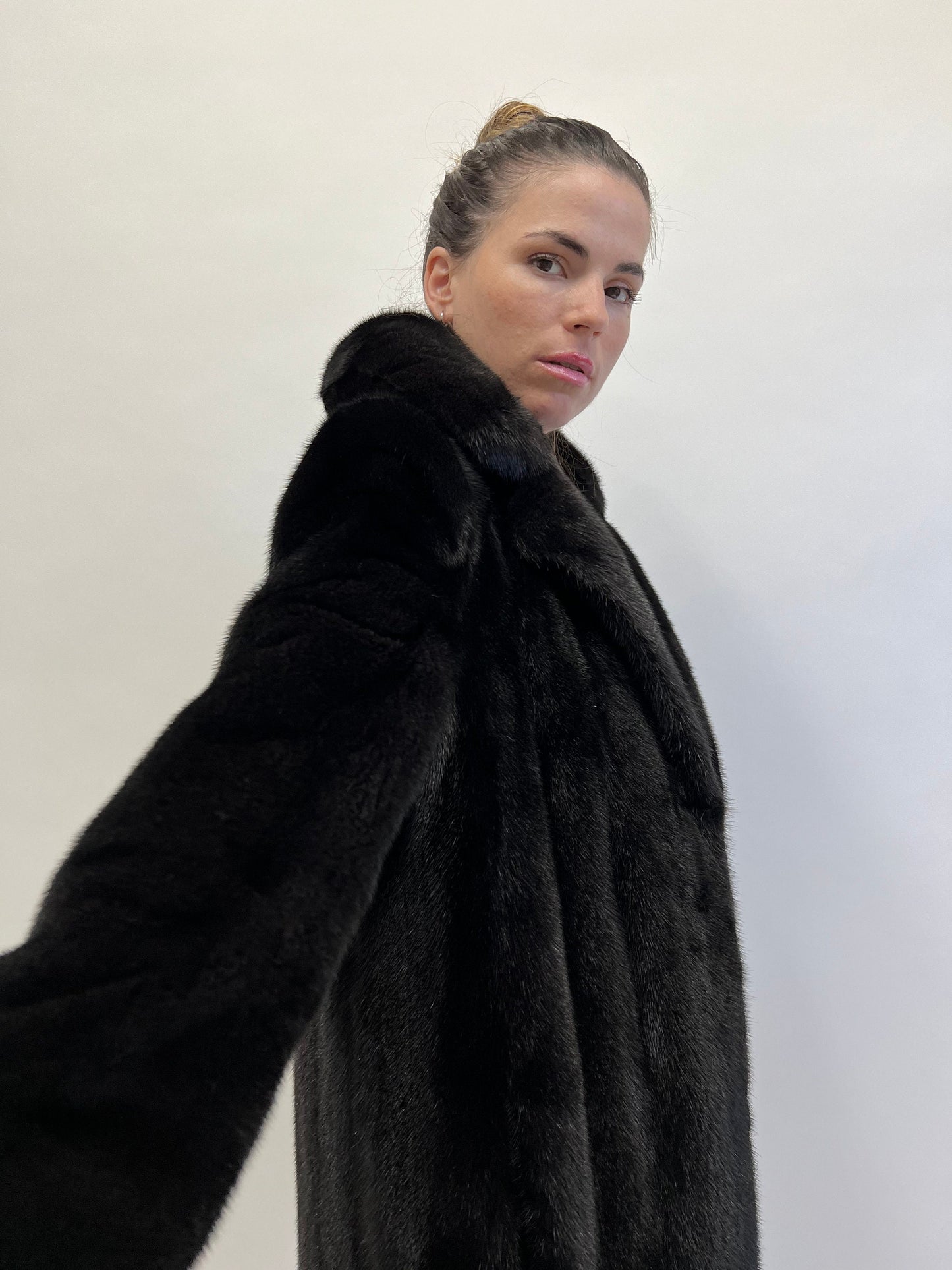 Black Velvet Mink Fur Coat: Luxury Stand Up Collar, XS/S