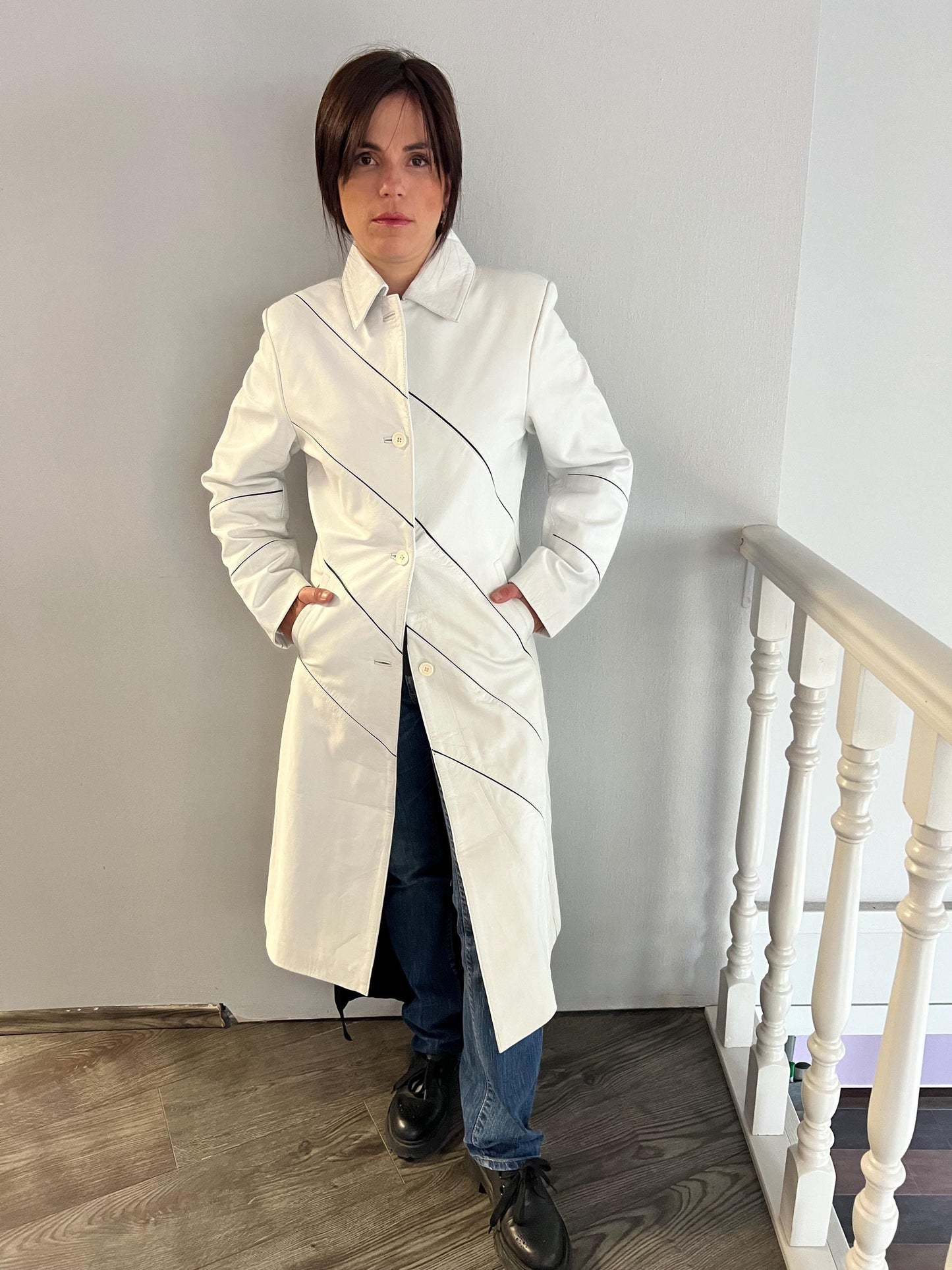 Handmade Nappa Lambskin Leather Coat: White Fitted Silhouette, Made in Greece