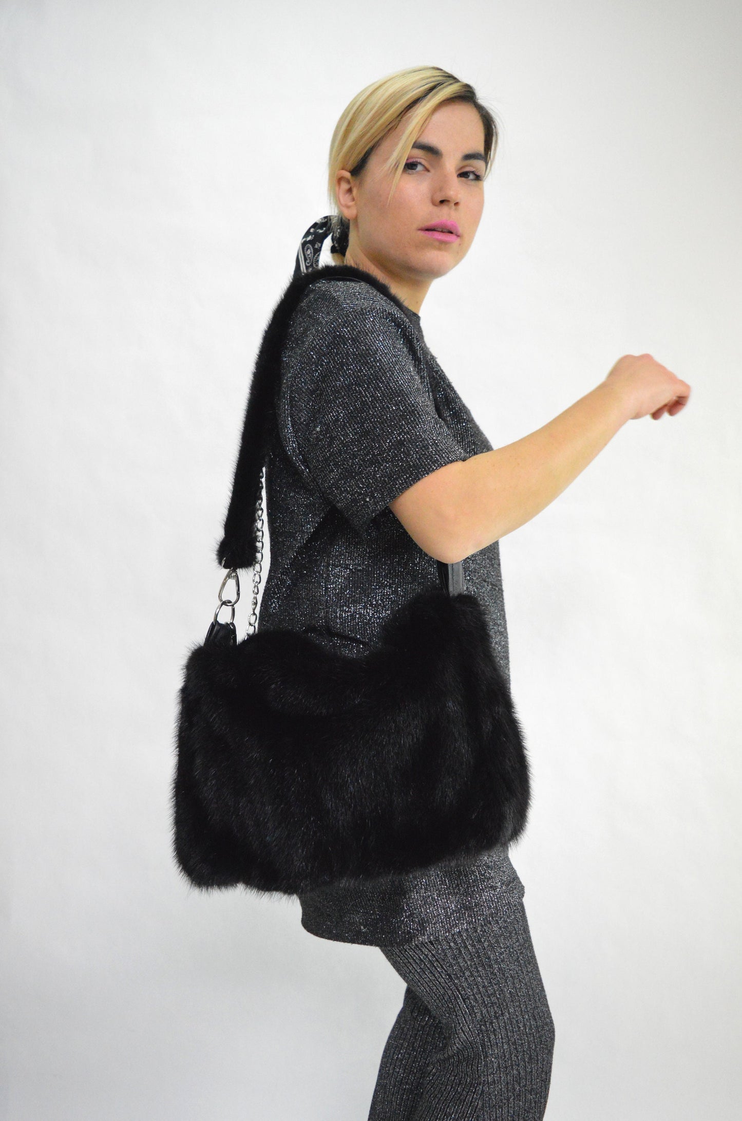 Handmade Black Mink Fur Shoulder Bag: Leather & Chain Detail