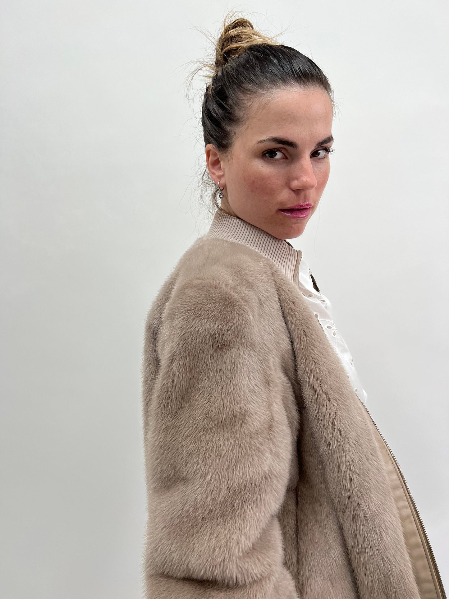Taupe Mink Fur Bomber Jacket: Knit & Leather, Handmade in Greece