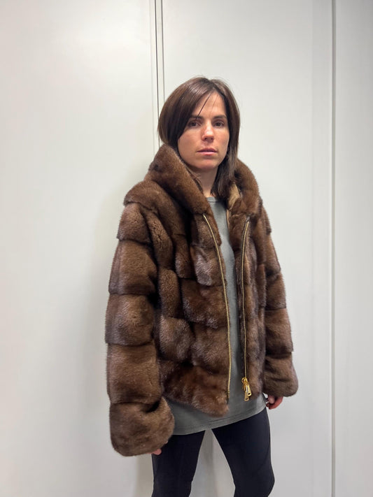 Brown hooded Mink Fur Jacket: Handmade Saga Mink Coat