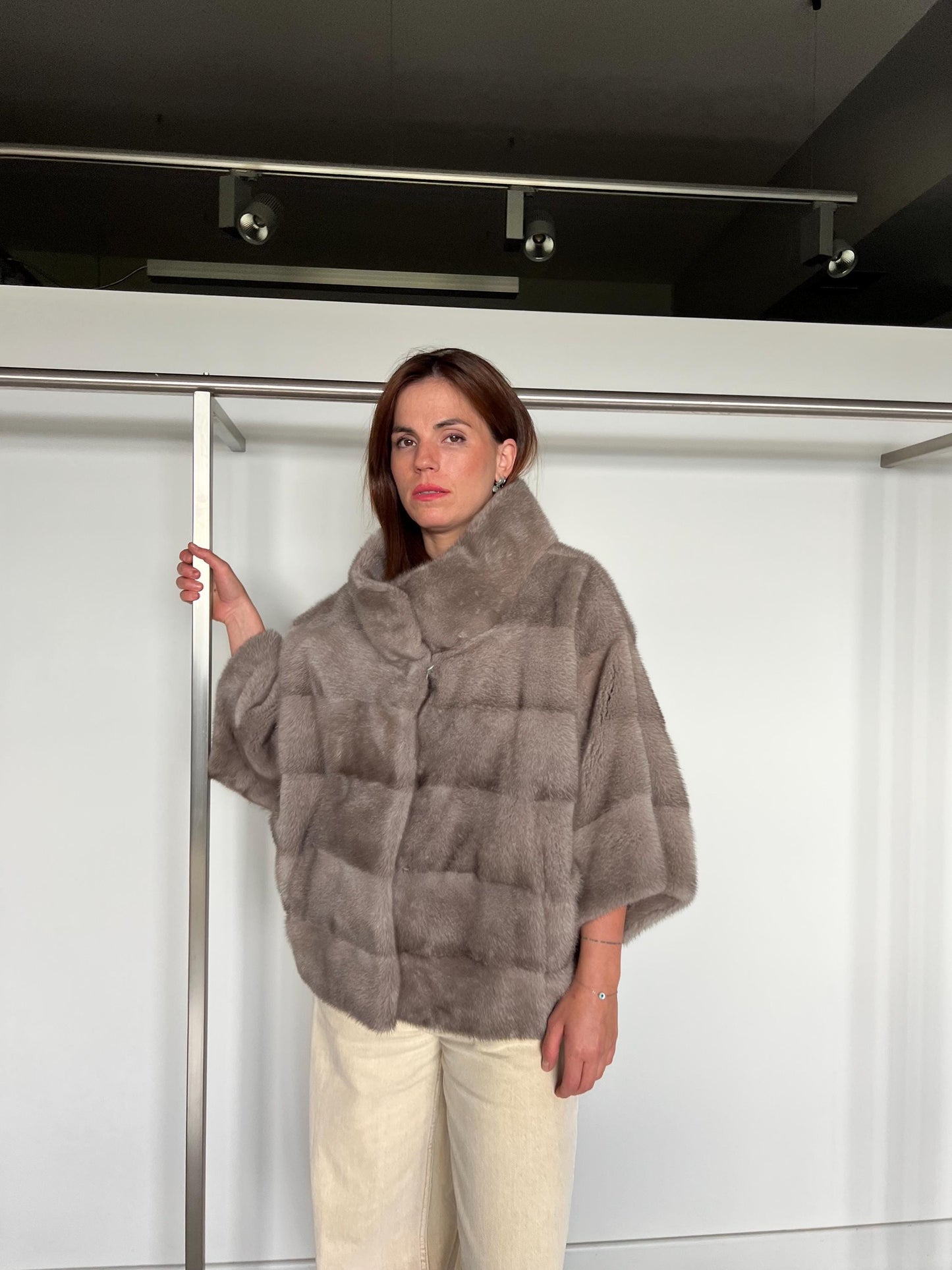 Handmade Silver Blue Mink Fur Cape: Oversized Jacket, Stand Up Collar