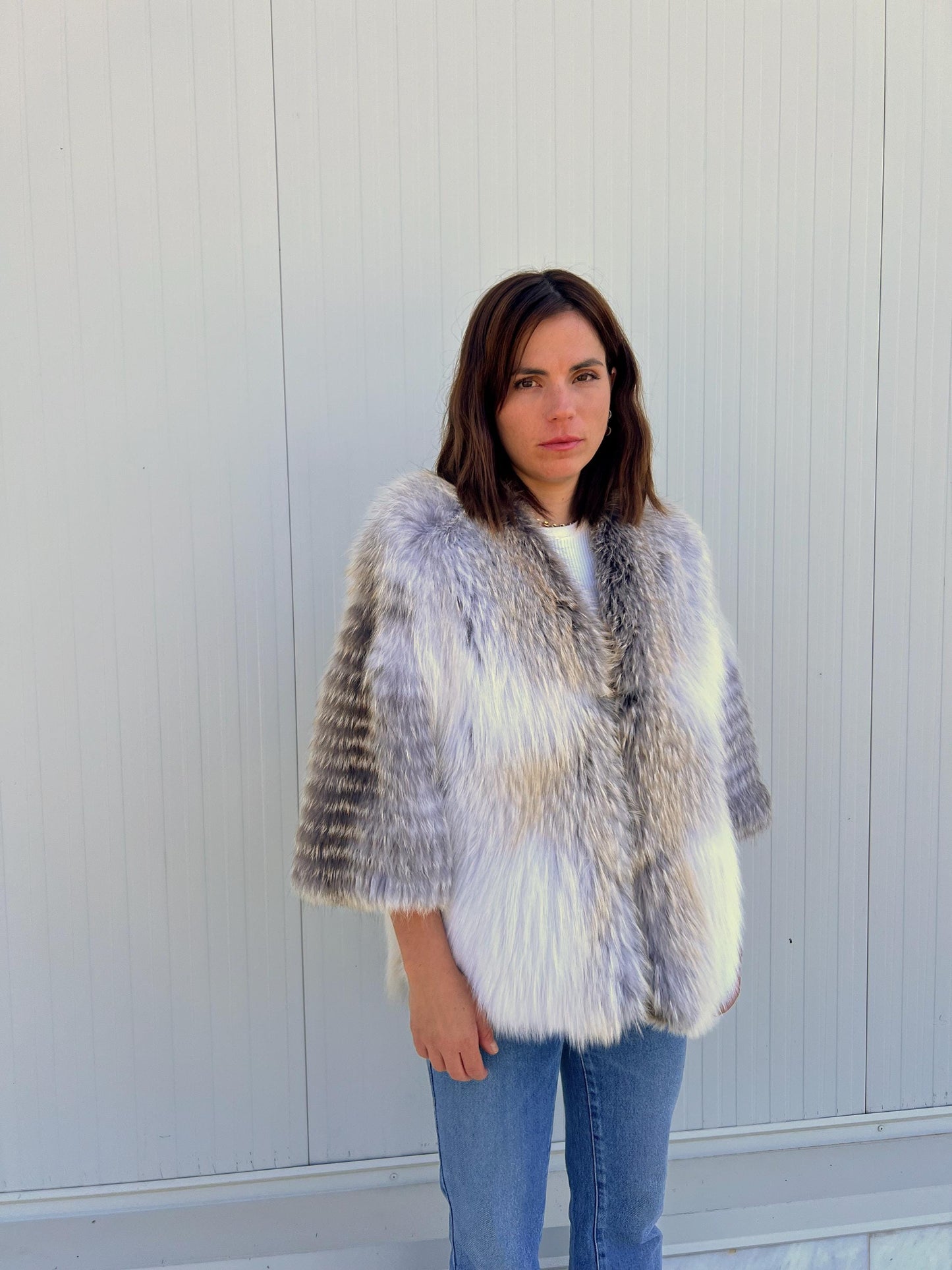 Handmade Fox Fur Jacket: White & Grey Lightweight Fluffy Coat