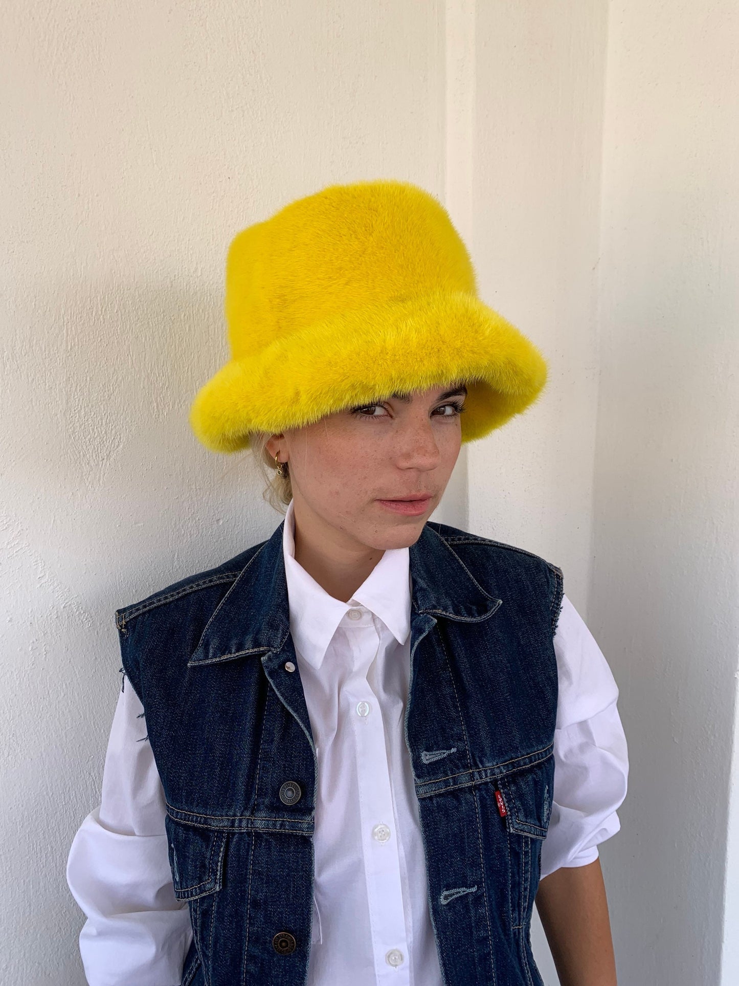 Handmade Yellow Mink Fur Bucket Hat: Luxury Winter Warmer