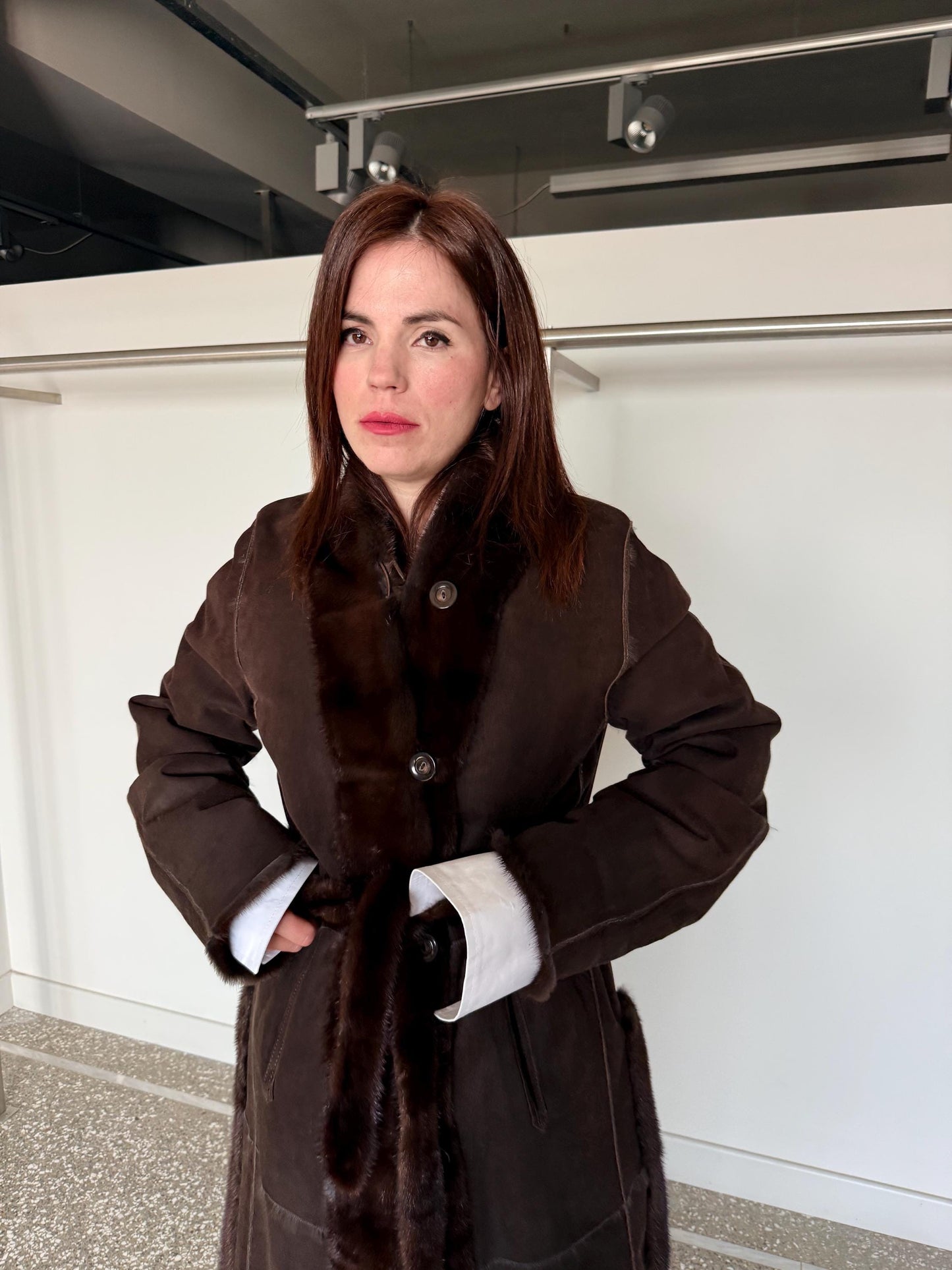Reversible Demi Buff Mink Fur Coat with Suede Leather: Long Collarless Stroller (Handmade Greece)
