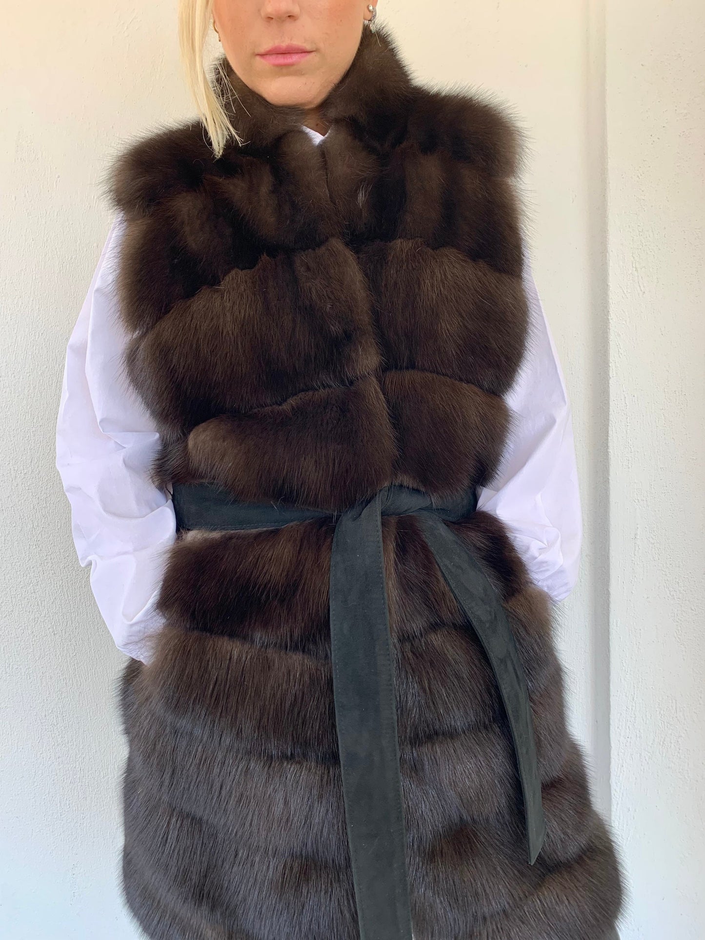 Real Sable Fur Vest: Velvet Mink Back, Suede Belt Trim