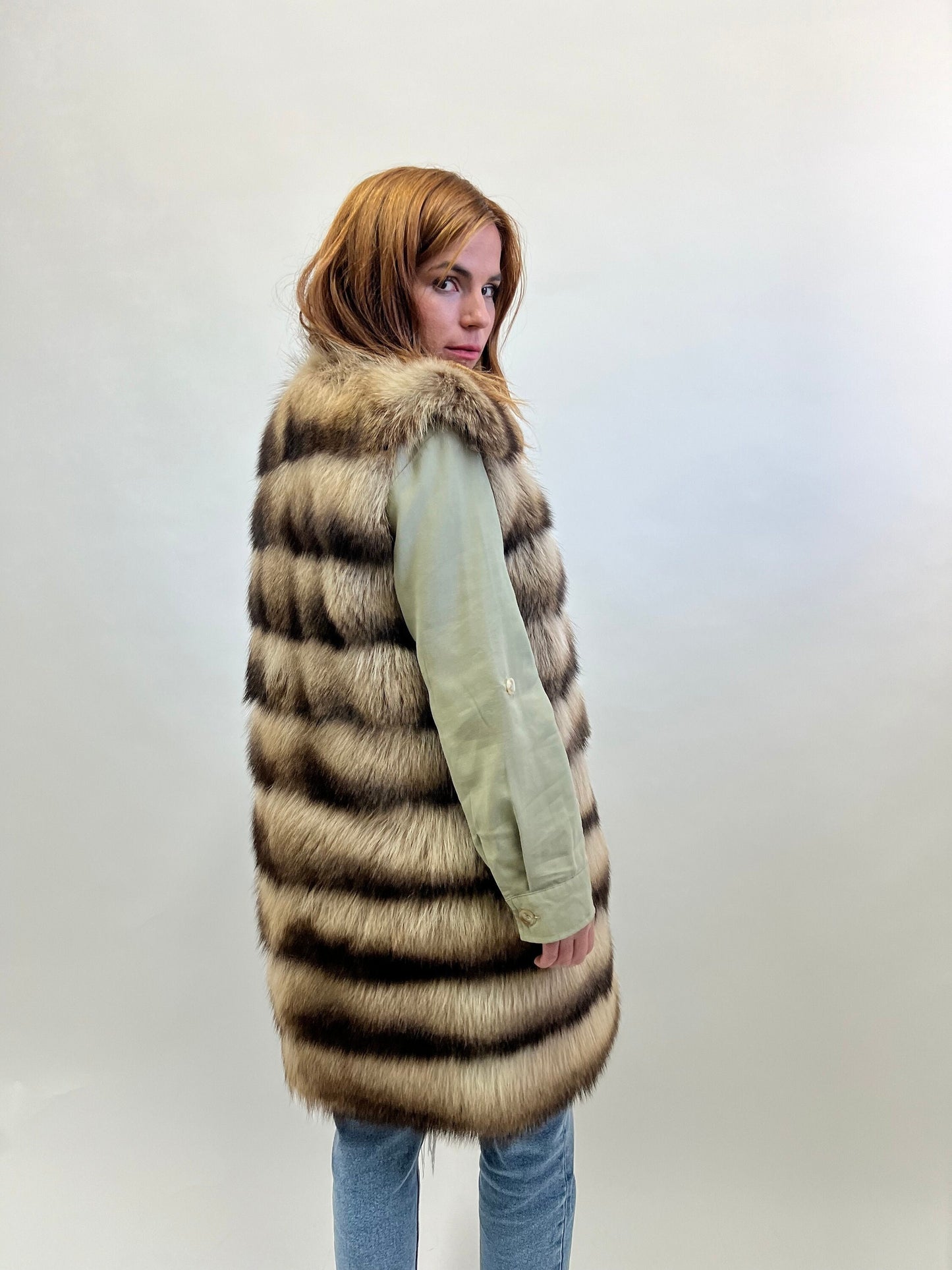 Real Raccoon Fur Vest: Beige Brown Leather Trim, Size XXSmall-XSmall