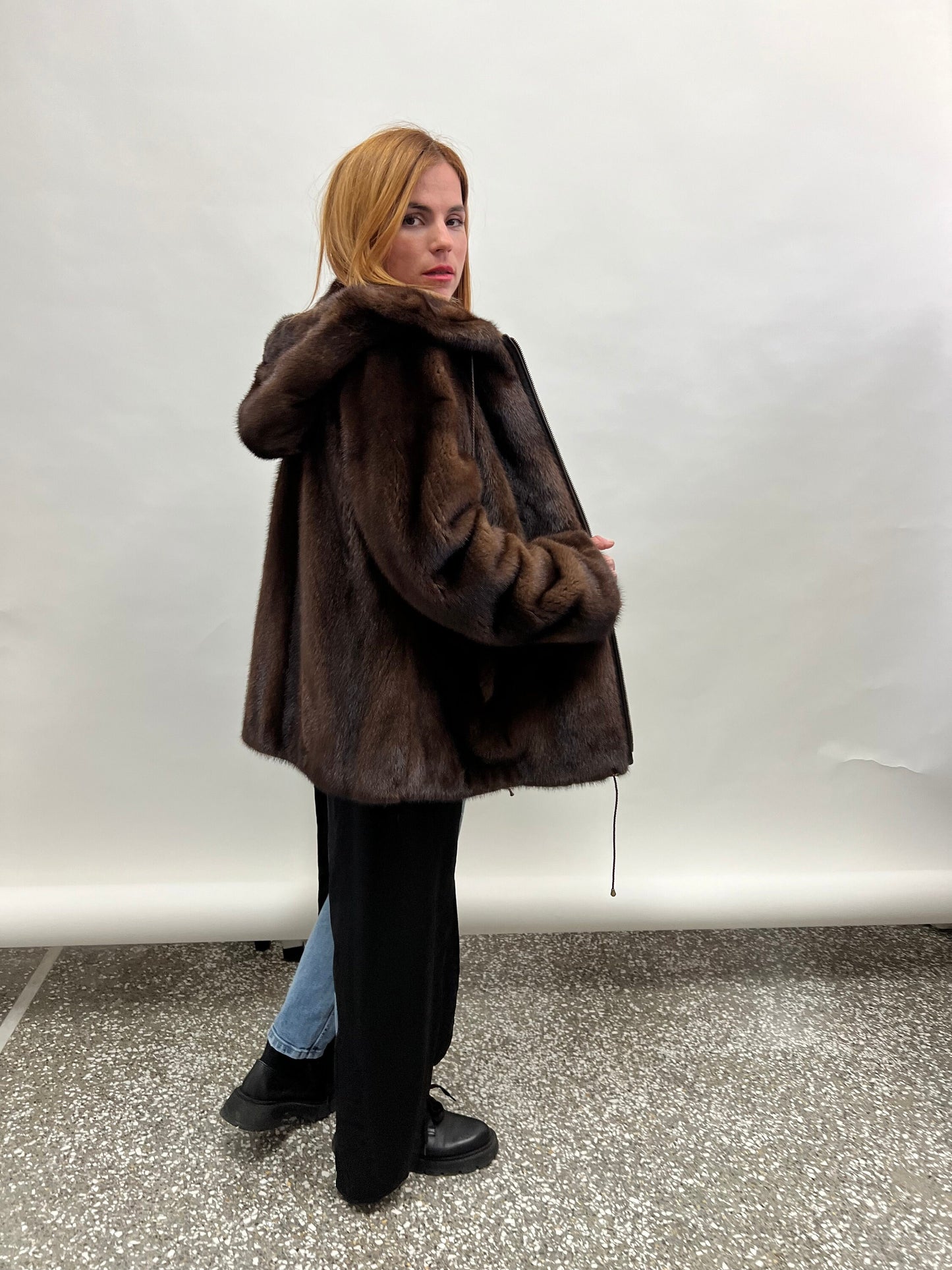 Brown Mink Hooded Jacket - Saga Furs - Zip Closure