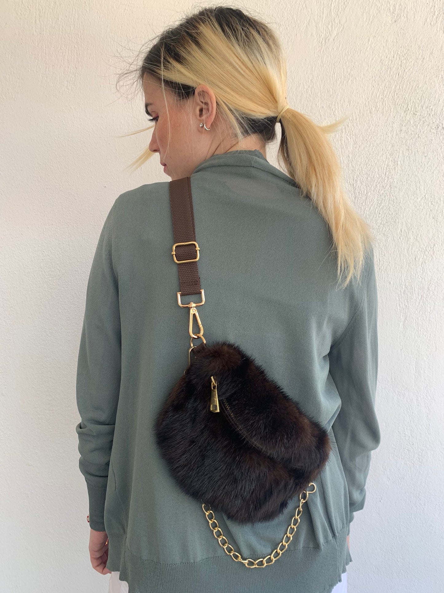 Real Mink Fur Bumbag: Brown Fanny Pack with Chain