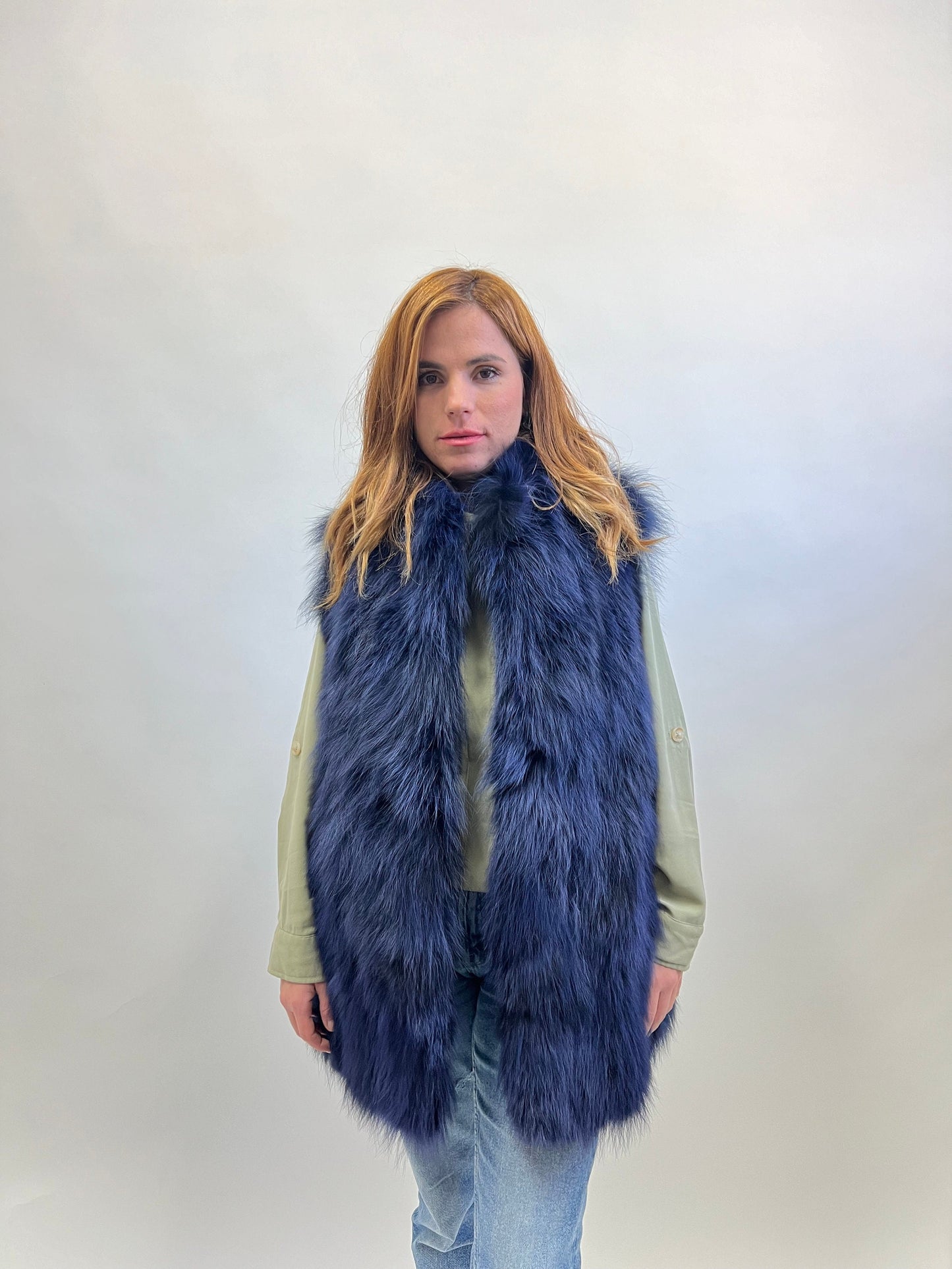 Denim Blue Fox Fur Vest: Women's Winter Genuine Fur Jacket