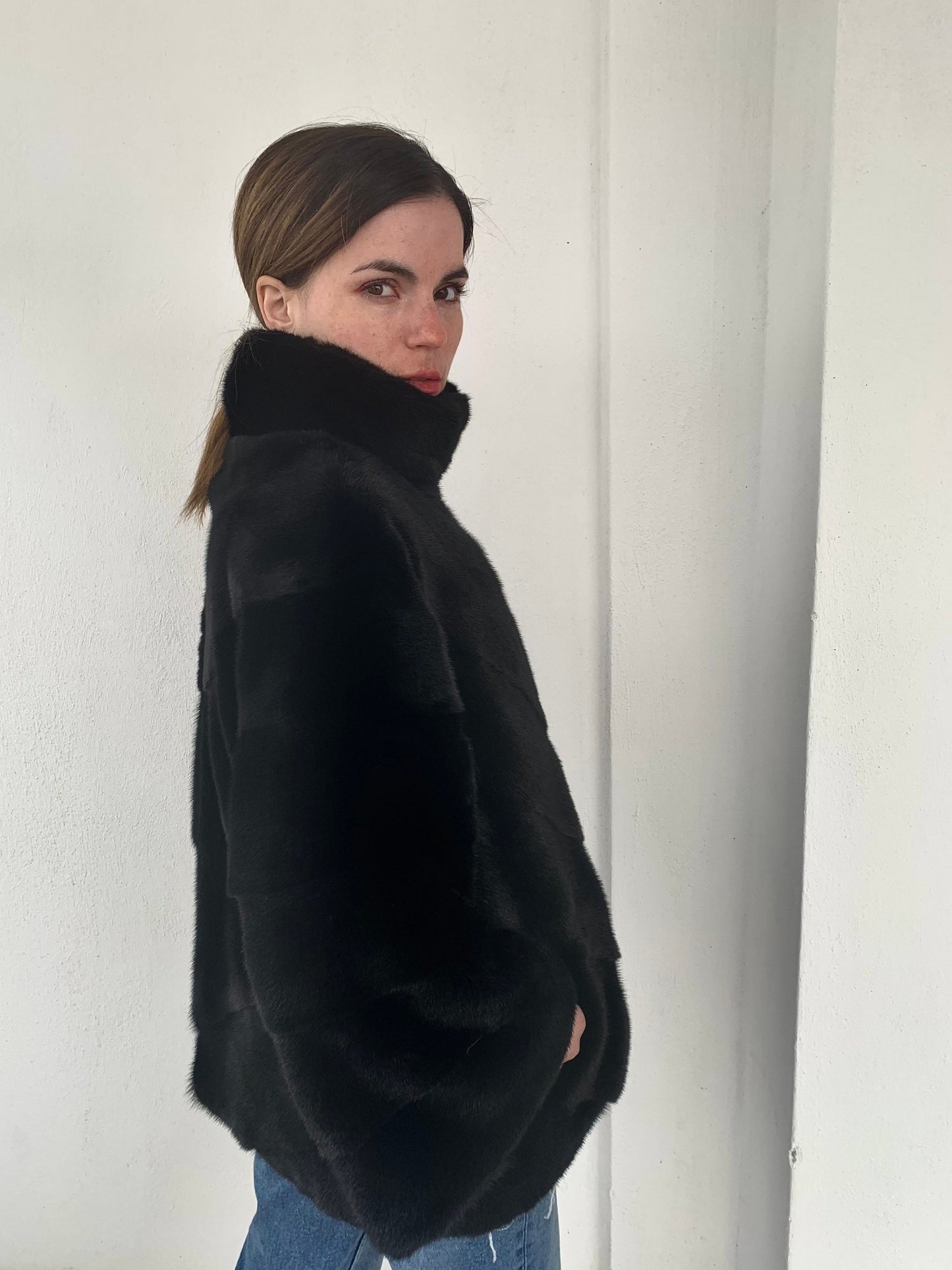 Handmade Black Mink Fur Cape: Oversized Luxury Jacket