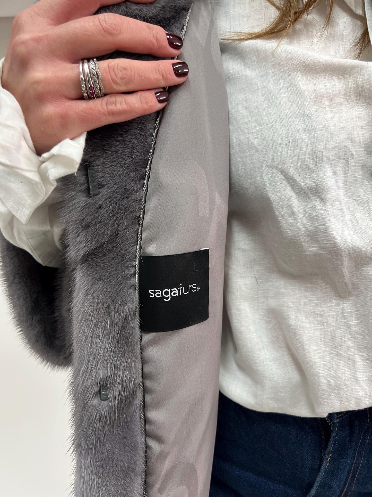 Real Silver Grey Mink Fur Coat - Saga Pelt, High Collar
