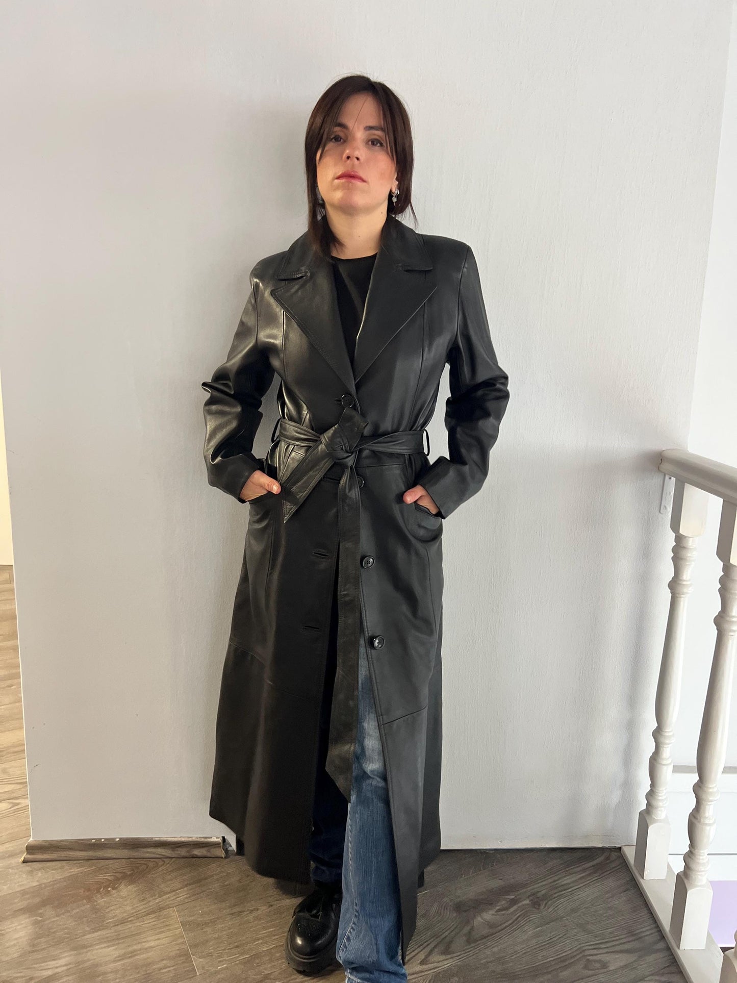 Handcrafted Nappa Leather Overcoat: Full Length Black Belted Coat, Small