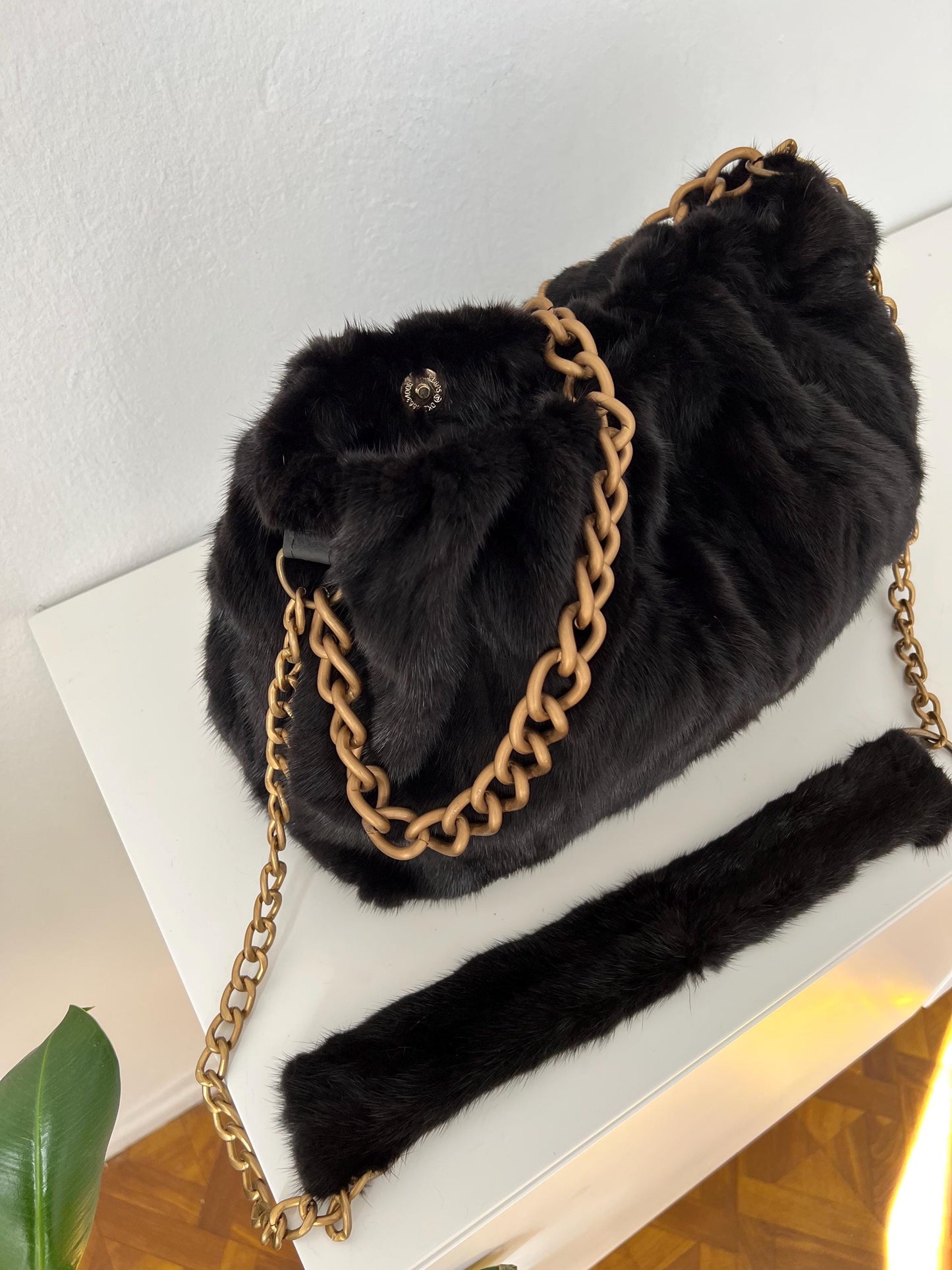 Handmade Mink Fur Shoulder Bag: Black Slouchy Pouch with Bronze Straps