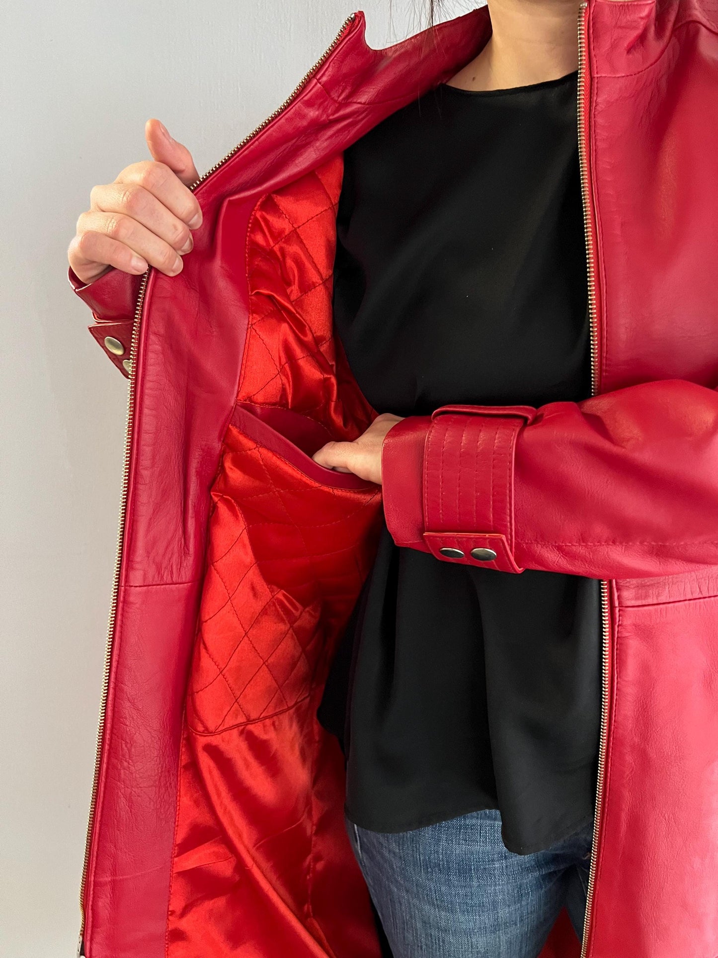 Handmade Red buttery Nappa Lambskin Leather Coat: Belted Warm Lining