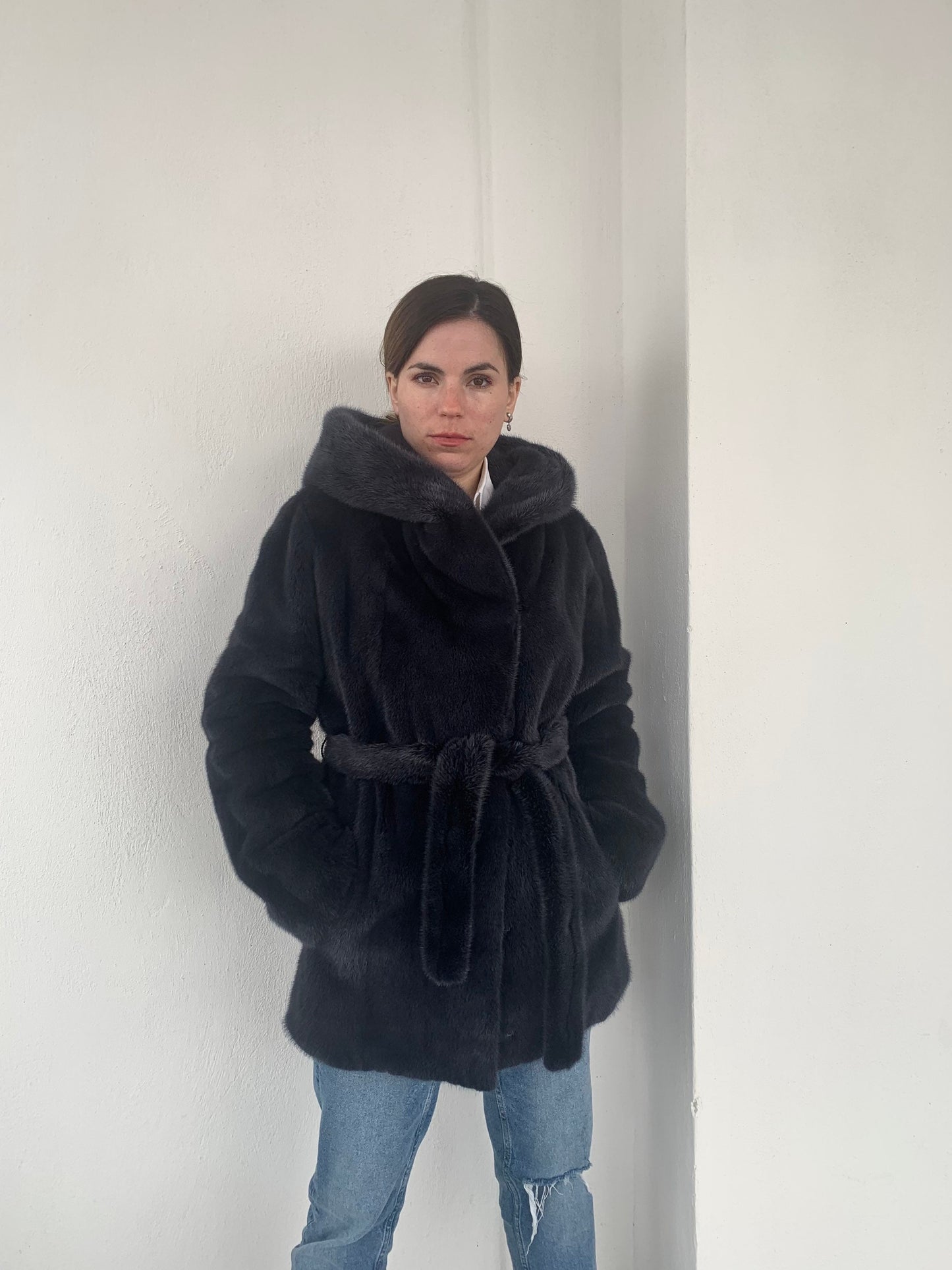 Denim Blue Mink Fur Stroller Coat: Hooded Belted Luxury