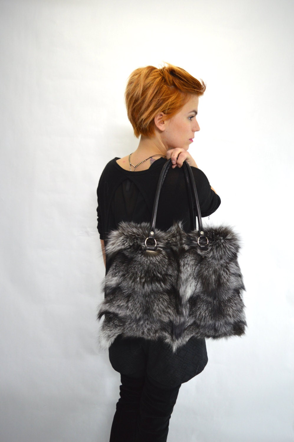 Silver Fox Fur Handbag: Leather Laptop Bag, grey shoulder bag.