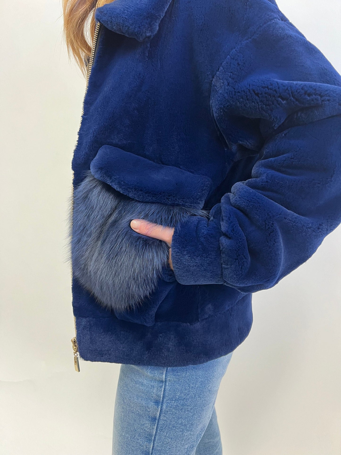 Sheared Rabbit Fur Bomber Jacket with Fox Details