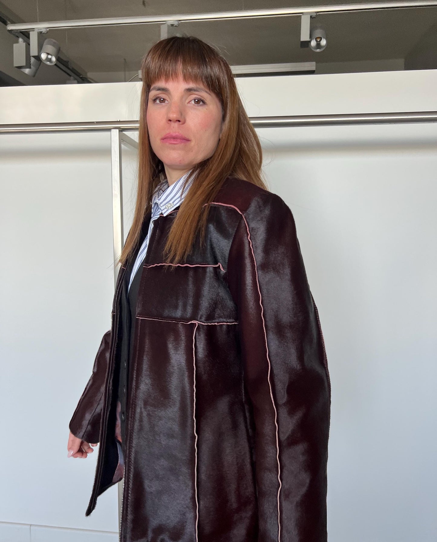 Burgundy Hair-On Calf Hide Leather Coat - Lightweight Zipped Jacket