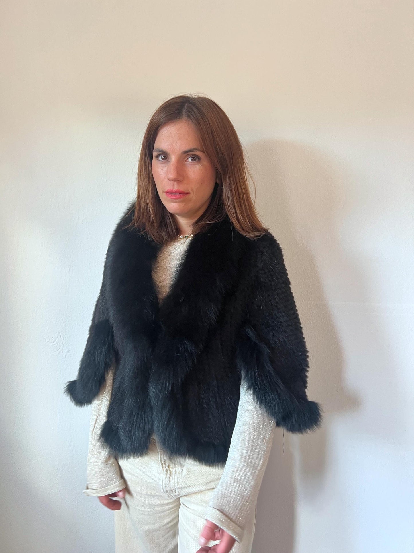 Handwoven Black Mink Fur Cape with Fox Trim - Made in Greece