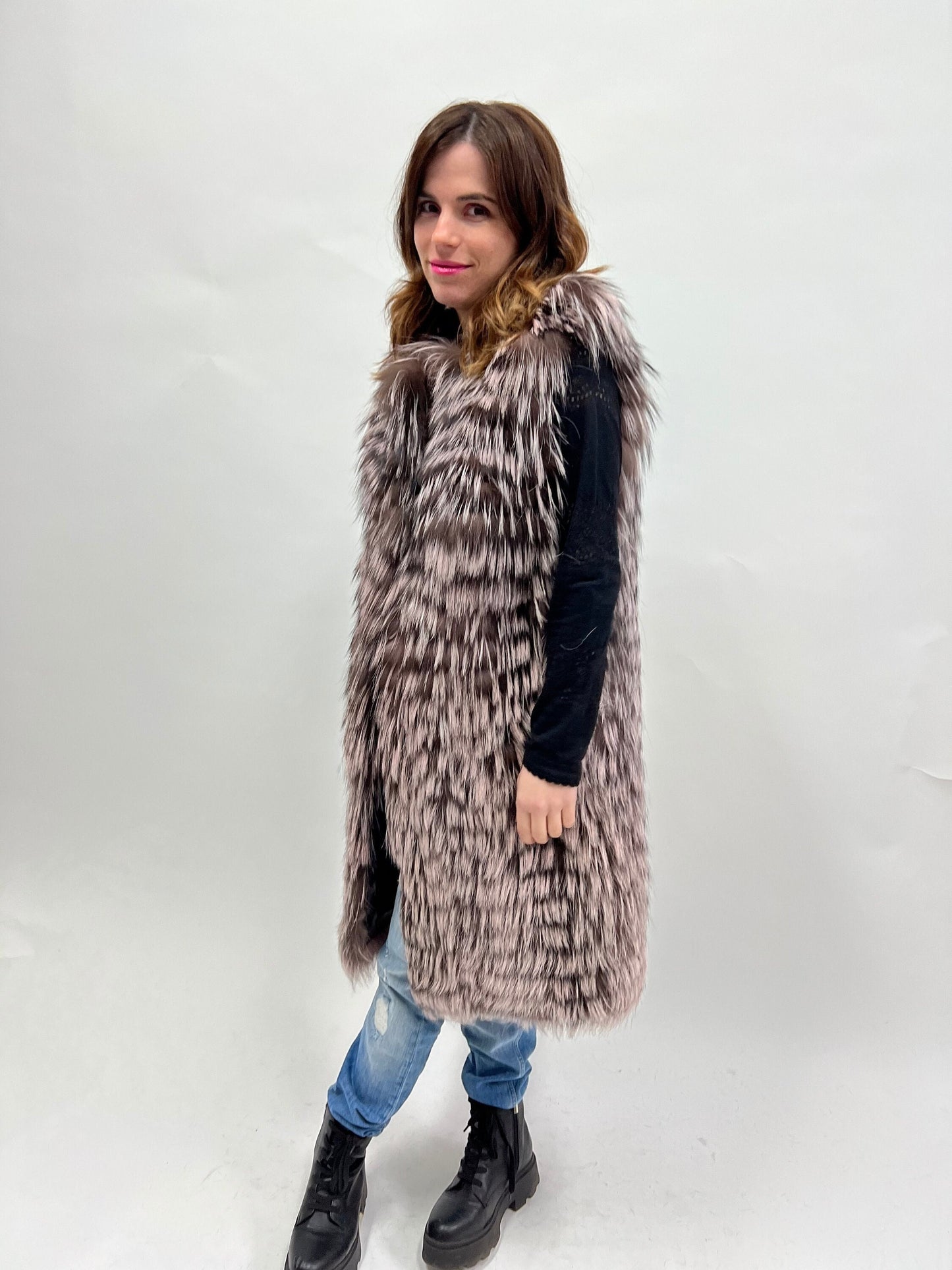 Pink Pastel Fox Fur Vest: Luxury Long Coat, Size Small