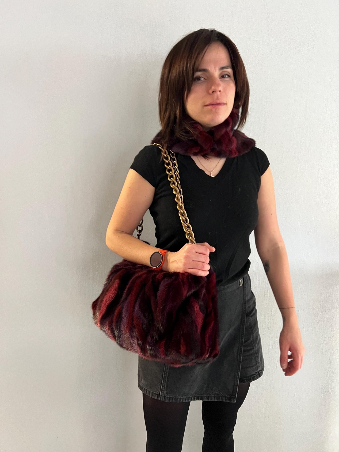 Handmade Mink Fur Slouchy Shoulder Bagin Burgundy : Luxury Cross-body Purse in army shades.